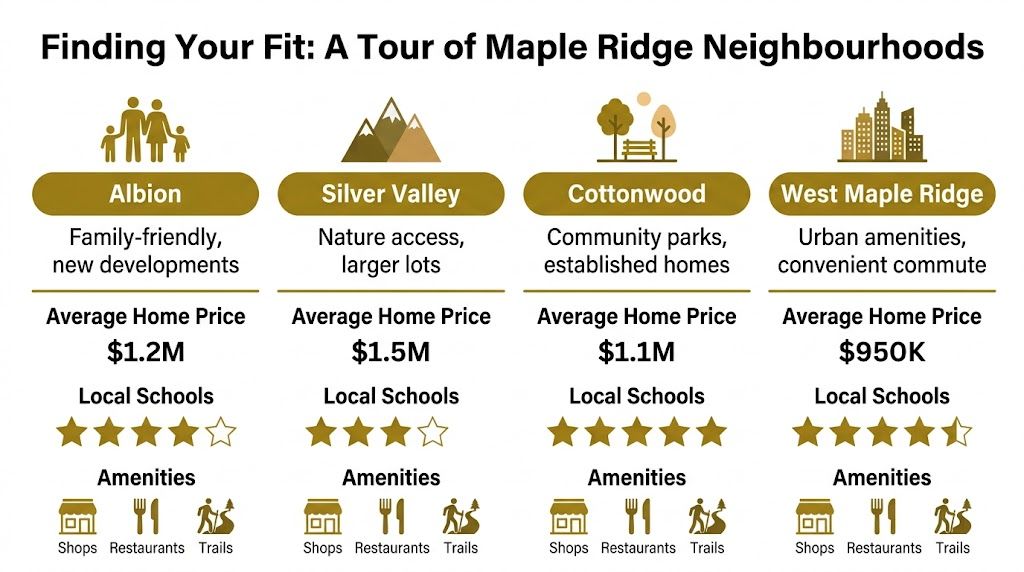 A neighborhood guide infographic for Maple Ridge showcasing home prices, school ratings, and local amenities.