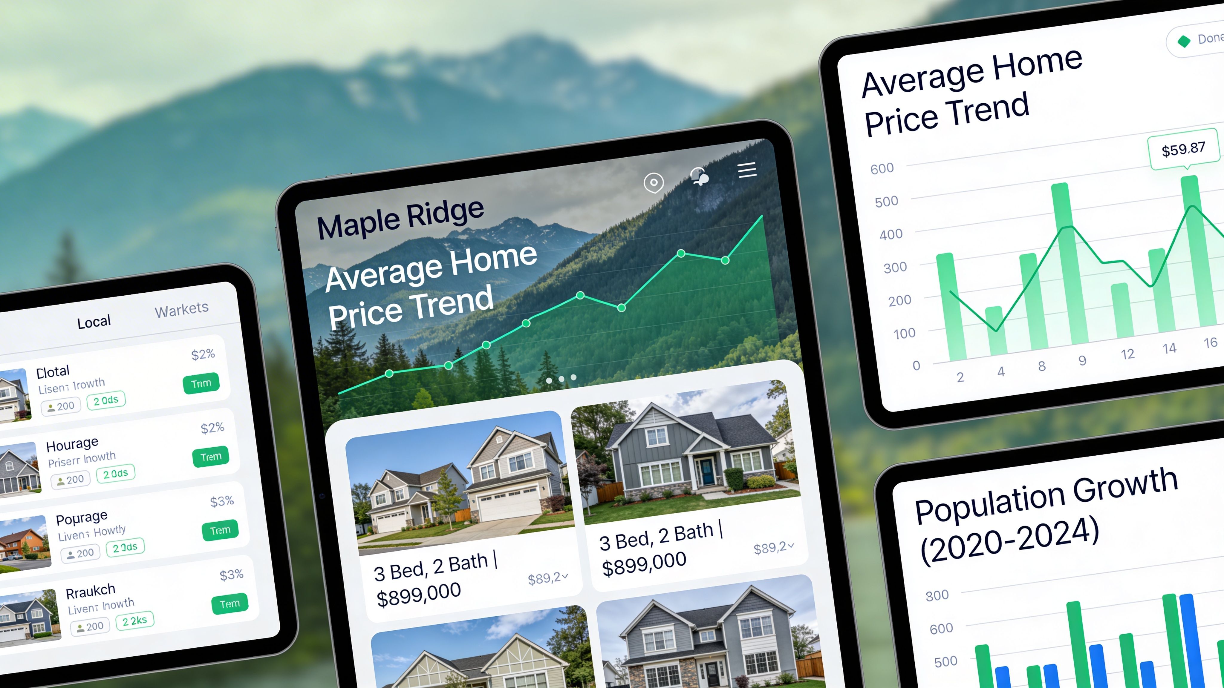 Tablets displaying real estate data, including house listings, average price trends, and population growth charts for Maple Ridge.