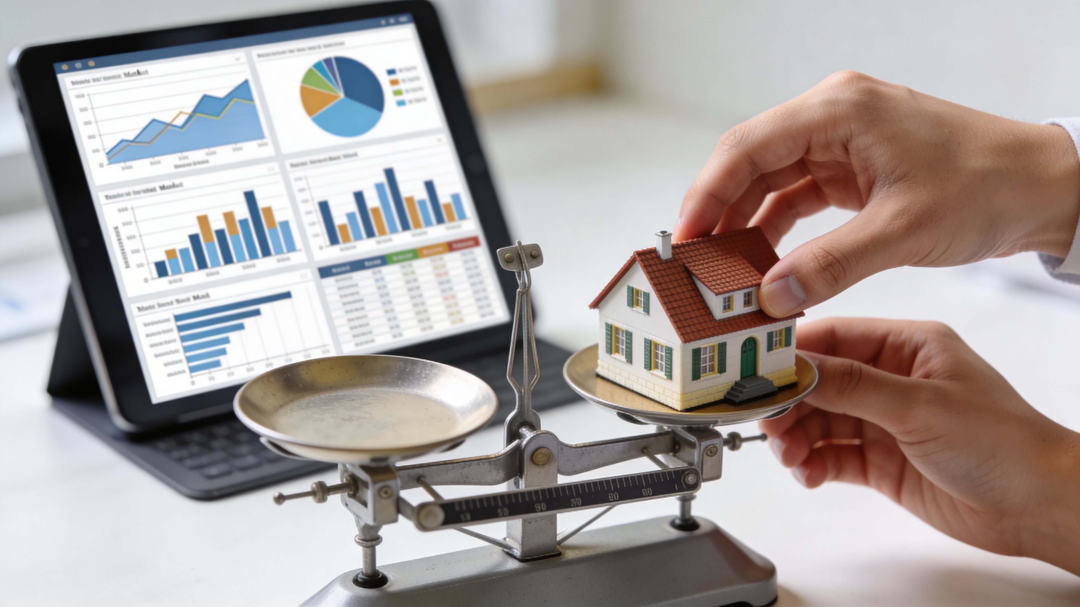 A real estate agent balances a miniature house model on scales next to digital financial market charts.