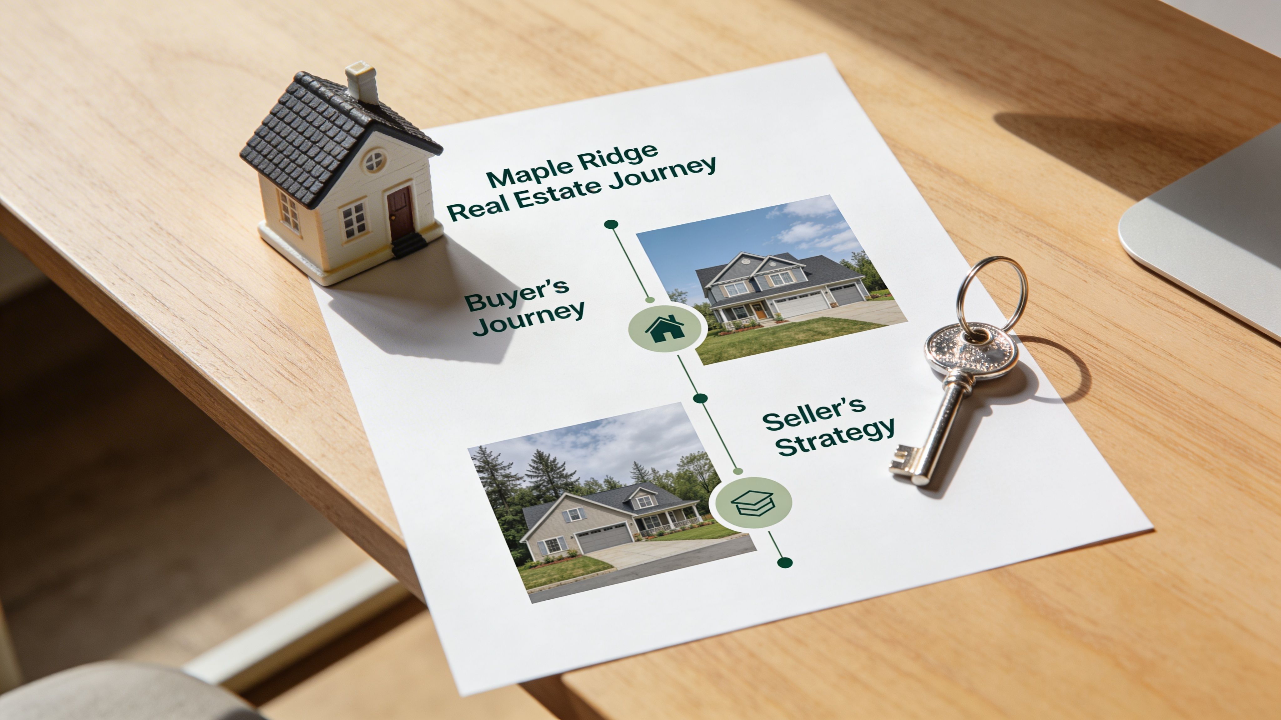 A miniature house and key sitting on a Maple Ridge real estate journey brochure on a desk.