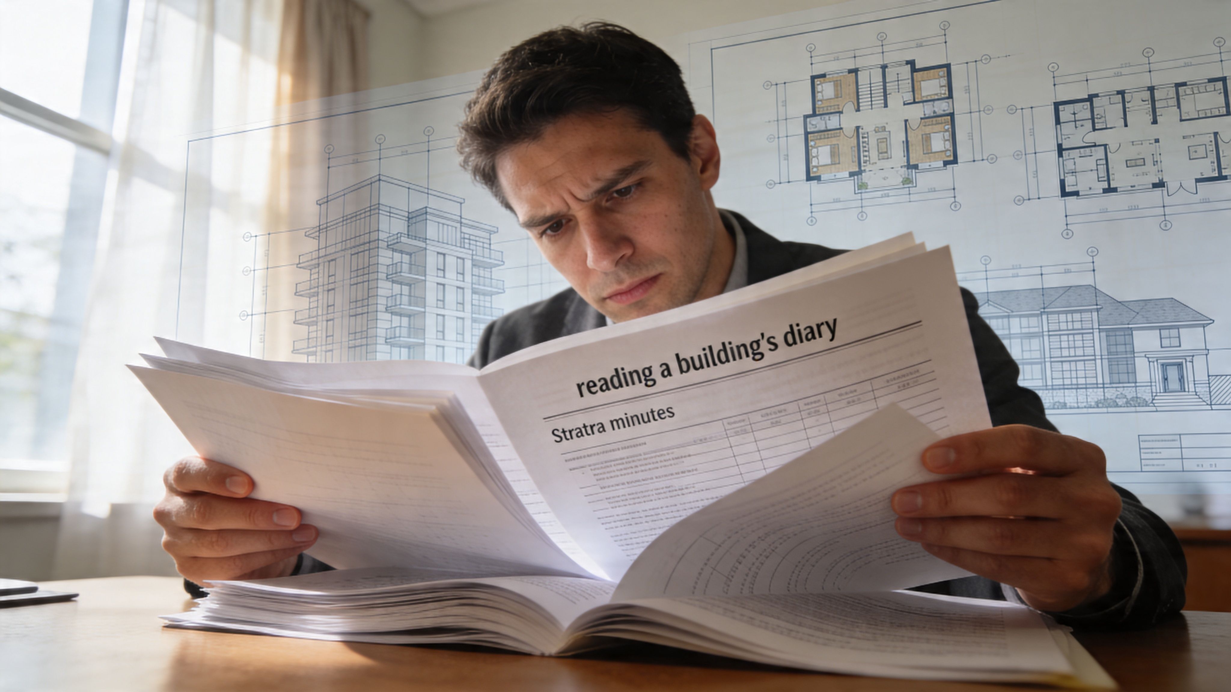 A professional man reviewing building blueprints and strata meeting documents at a desk in an office.
