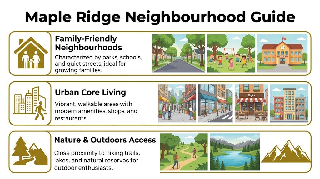 A visual guide illustrating neighborhood types in Maple Ridge, including family-friendly areas, urban living, and nature access.
