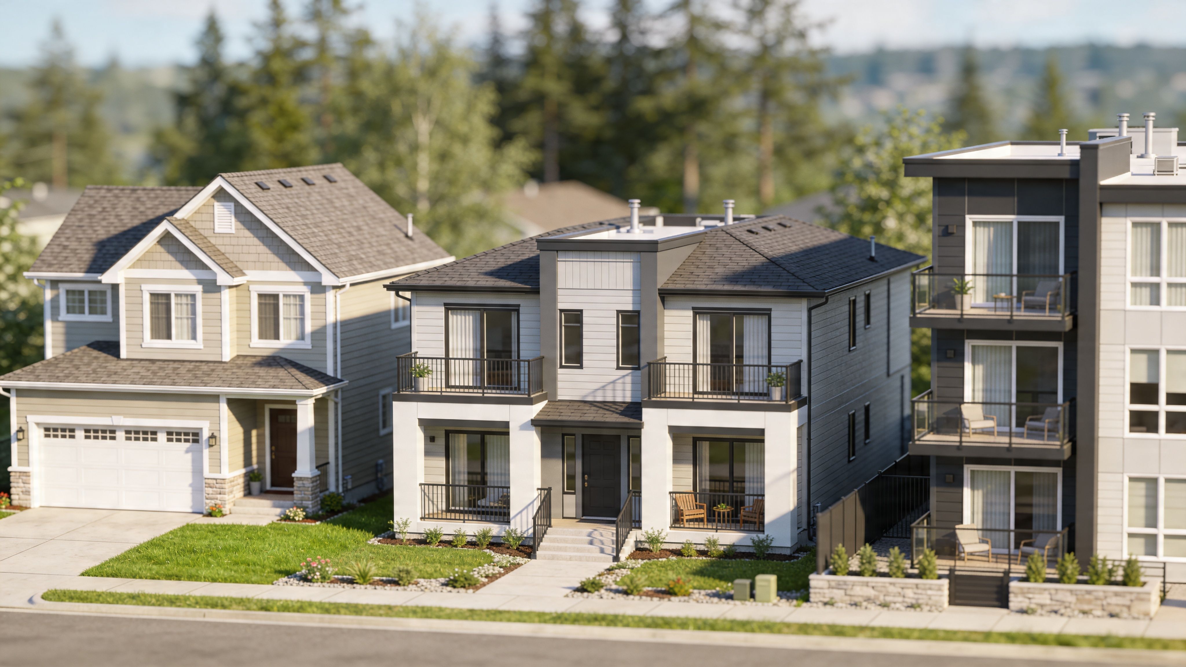 A scenic view showing a mix of suburban single-family houses and modern townhomes in a residential neighborhood.