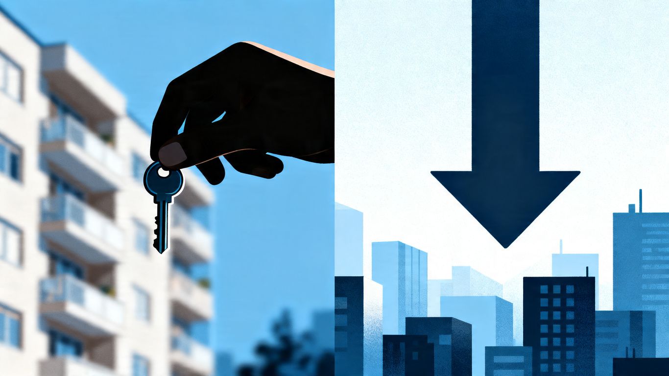 Key and downward arrow over city buildings.