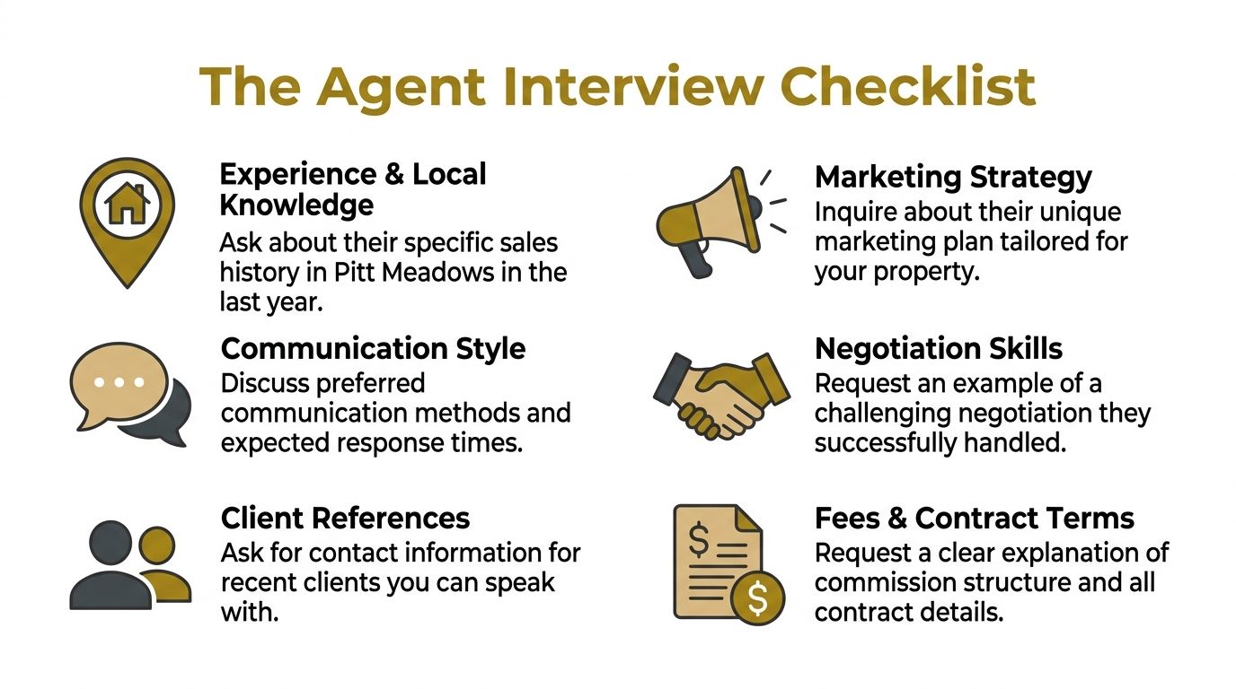 An infographic checklist for interviewing a real estate agent including topics like sales history, communication, and fees.