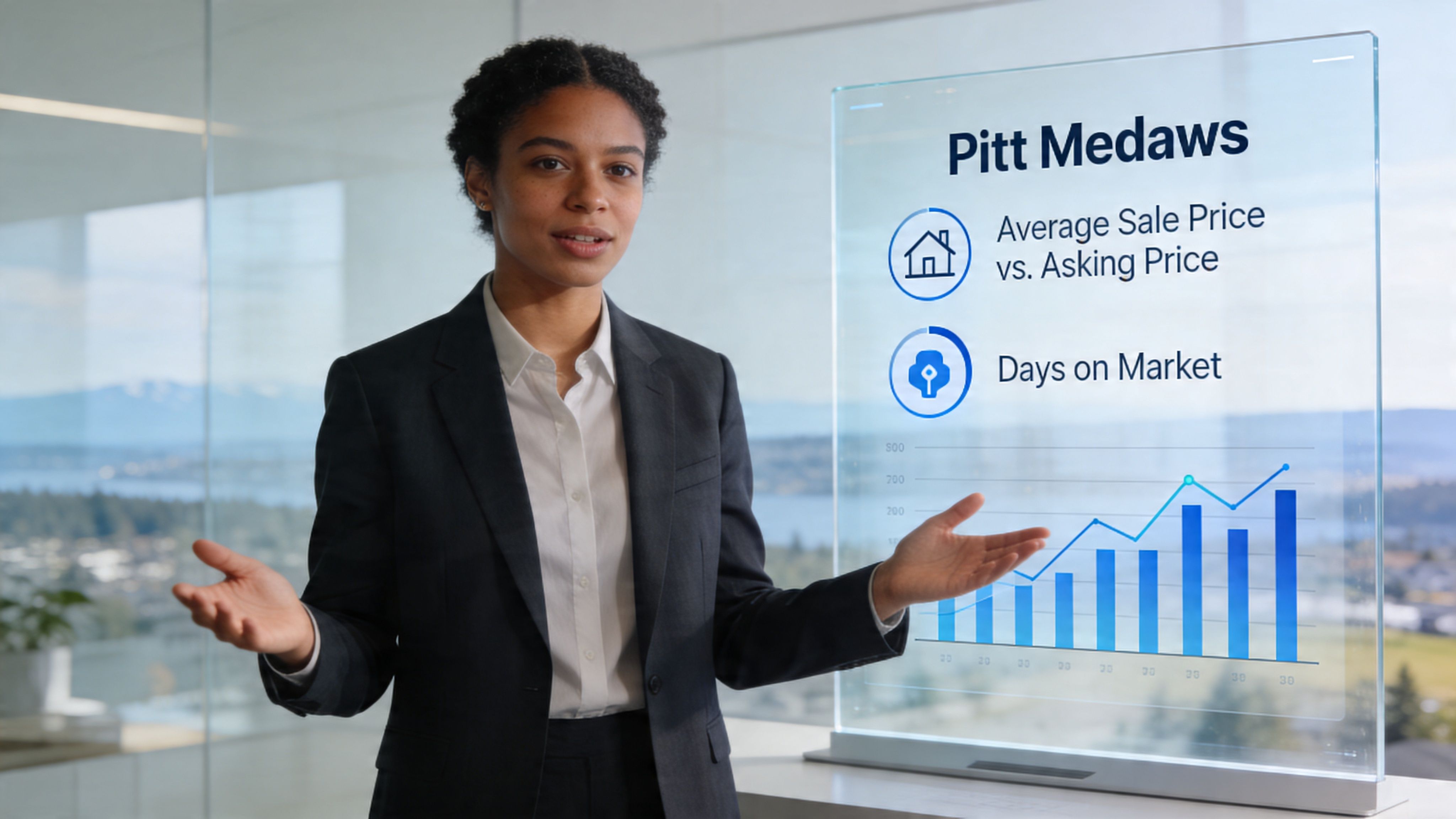 A professional woman presenting real estate market data for Pitt Meadows on a digital interactive display screen.