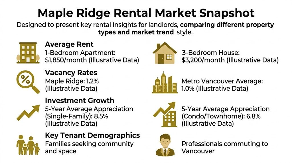 An infographic titled Maple Ridge Rental Market Snapshot showing illustrative data for rental rates, vacancy, and investment growth.