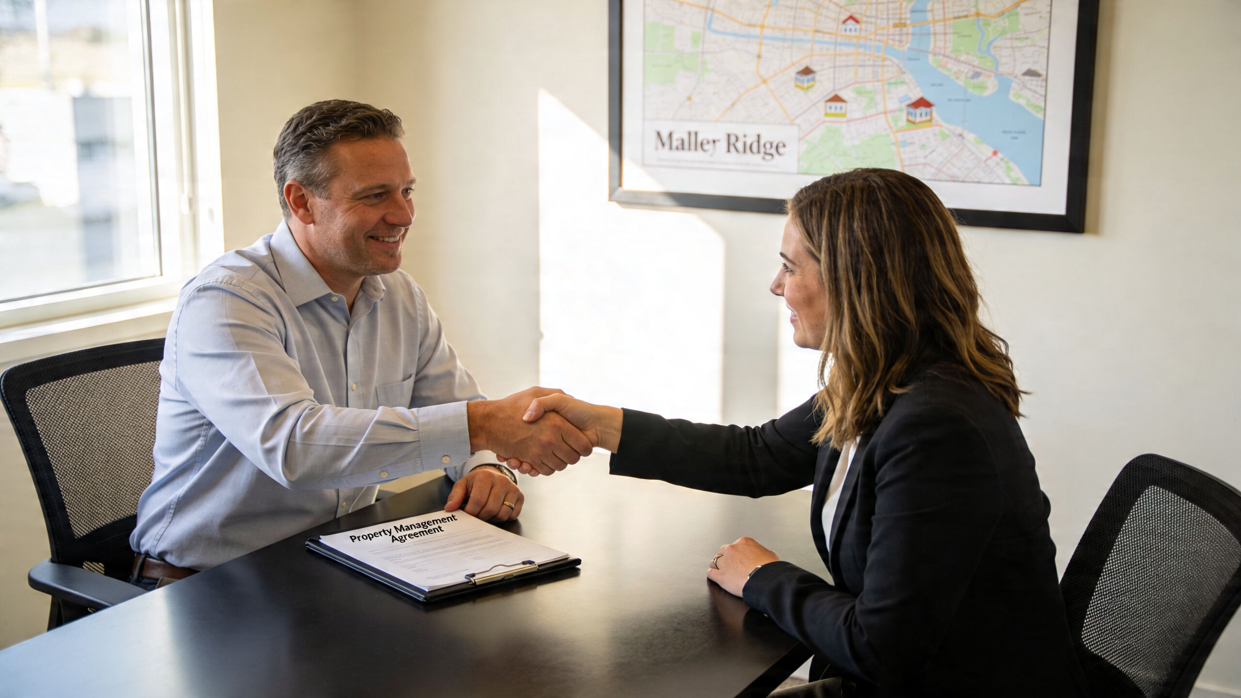 A professional man and woman shake hands across a desk after signing a property management agreement.