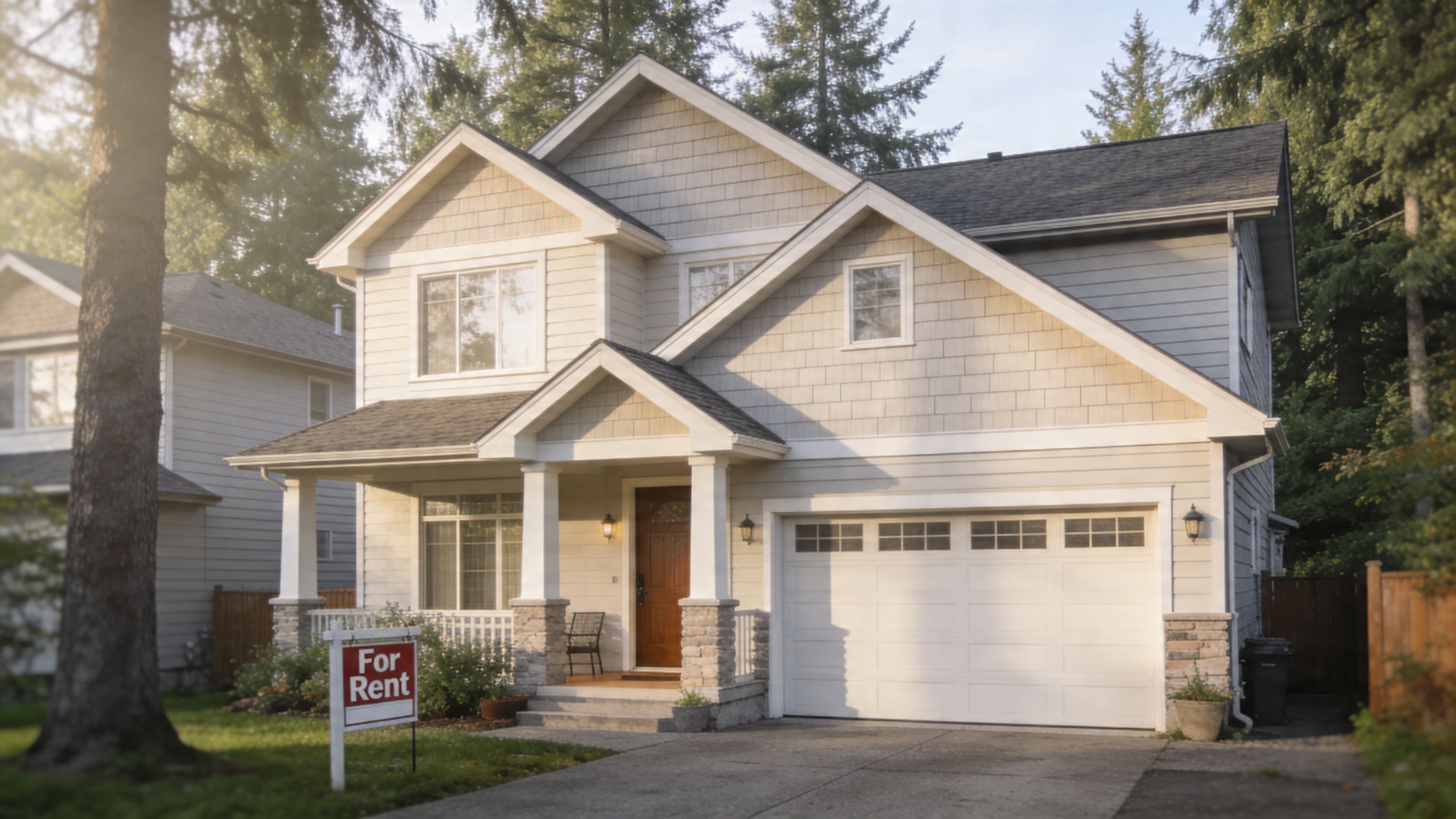 A two-story suburban rental home featuring beige siding, a front porch, and a wooden front door.