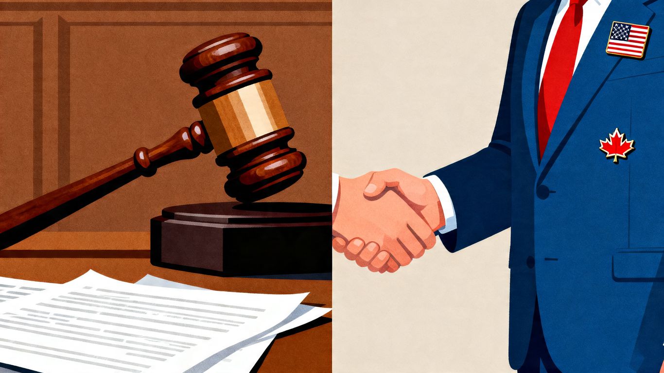 Gavel and handshake symbolizing legal and diplomatic news.