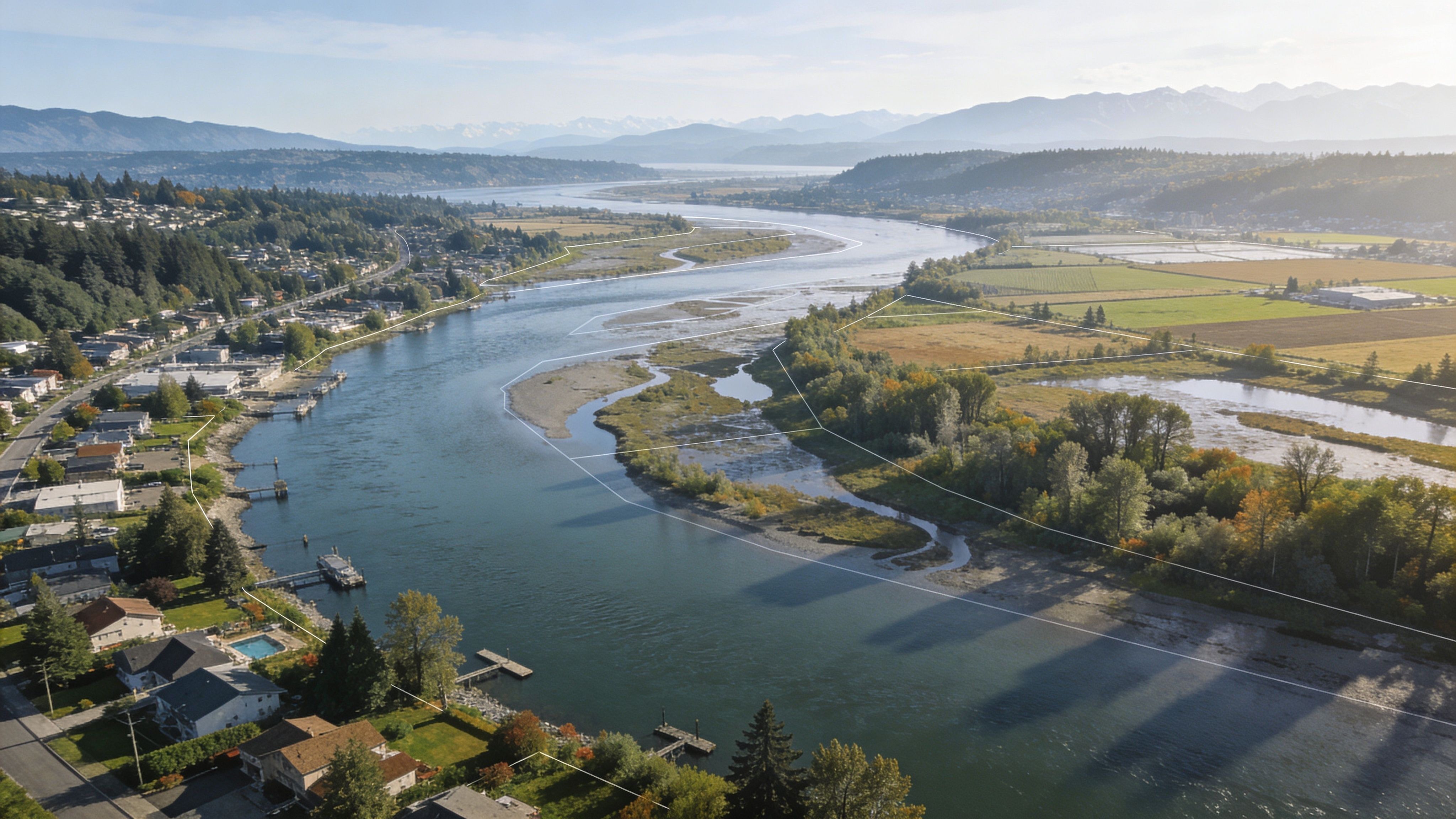 An aerial view of a scenic river flowing through a lush landscape near residential properties in British Columbia.