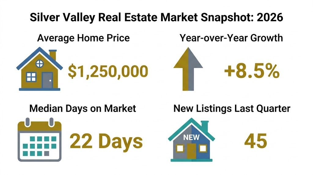 A 2026 real estate market snapshot infographic for Silver Valley showing average home price, growth, and listing data.