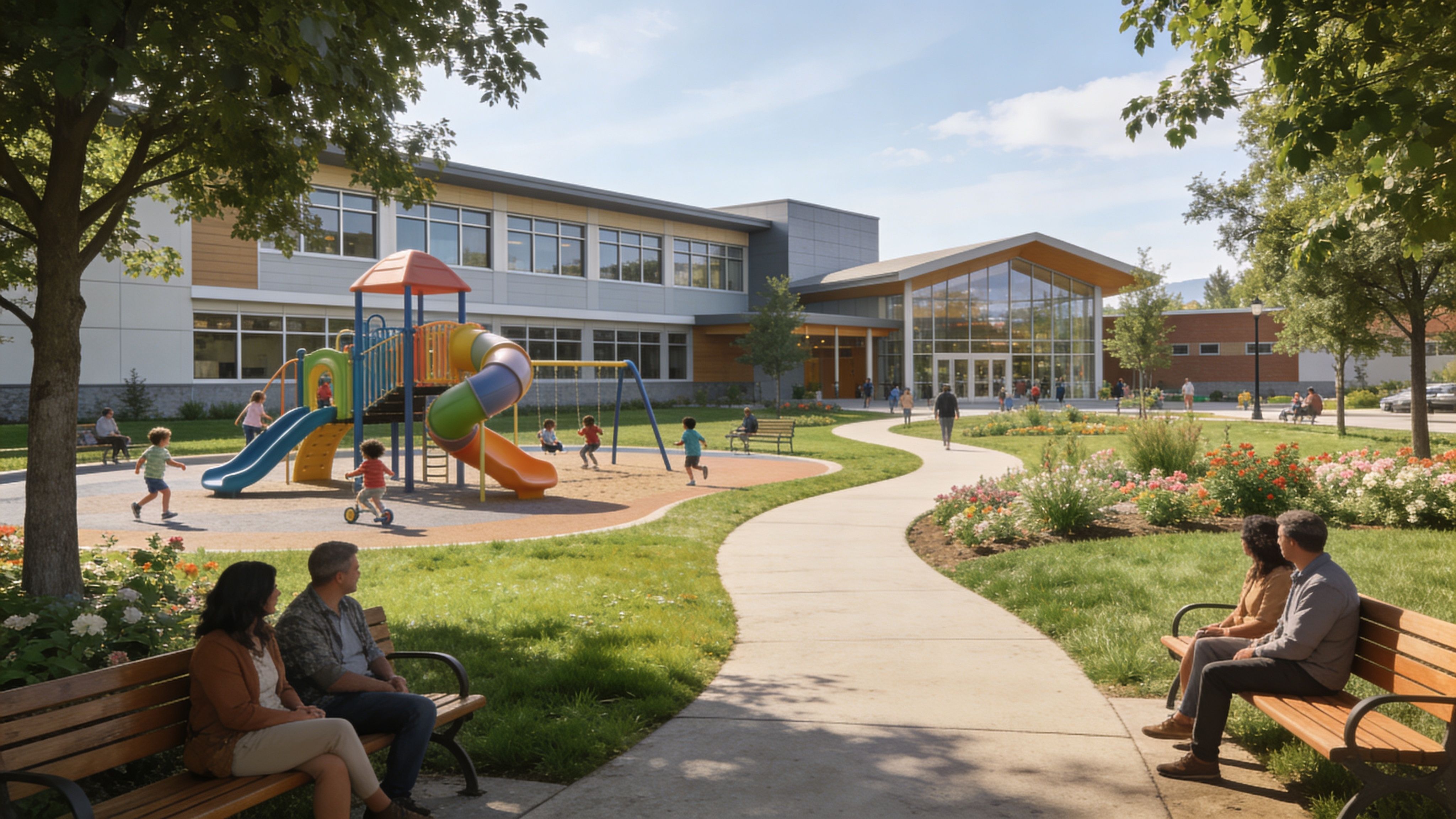 A scenic park area outside a modern school building with a colorful playground and families relaxing on benches.