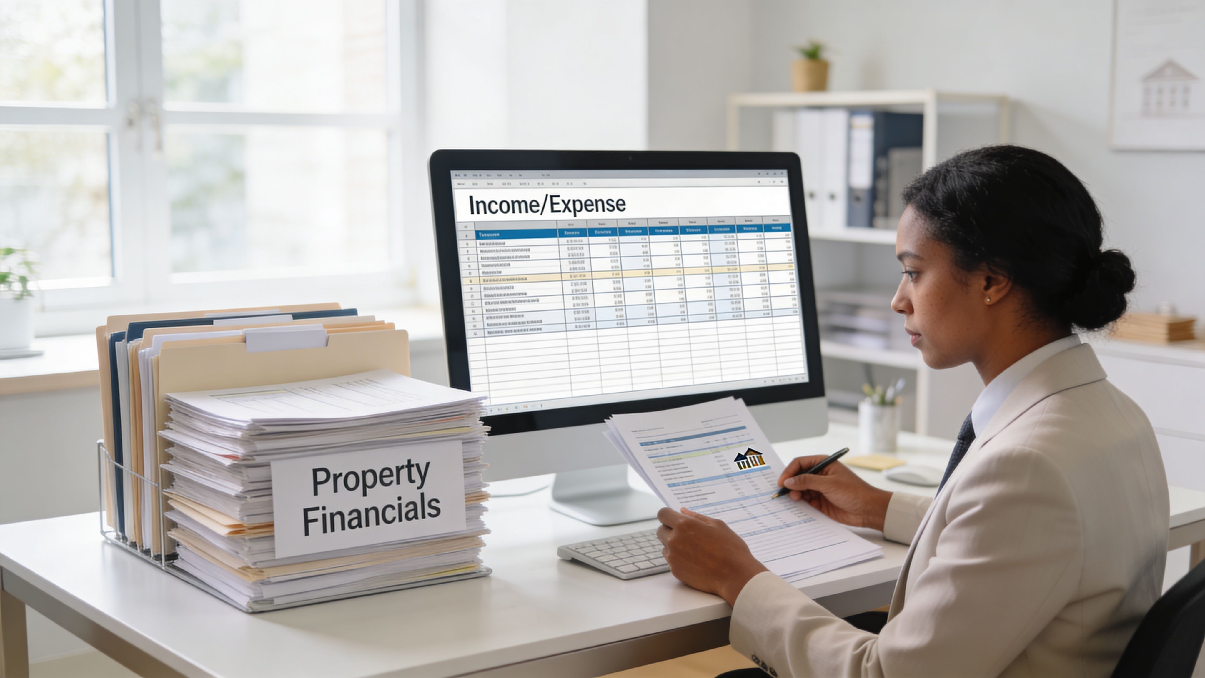 A professional woman reviewing property financial documents and income expense spreadsheets in a modern office setting.