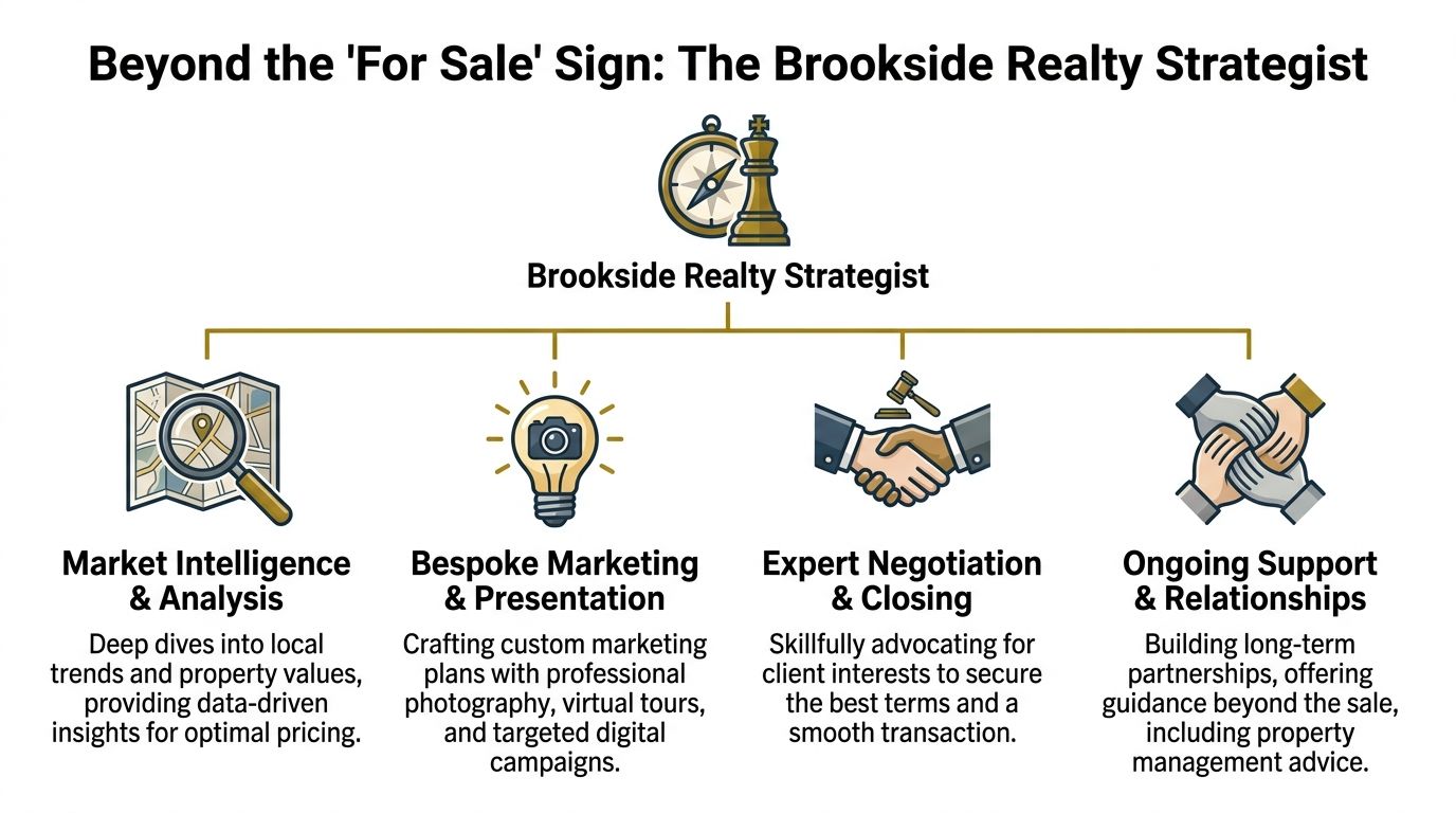 A strategic infographic outlining four core real estate services provided by the Brookside Realty Strategist.