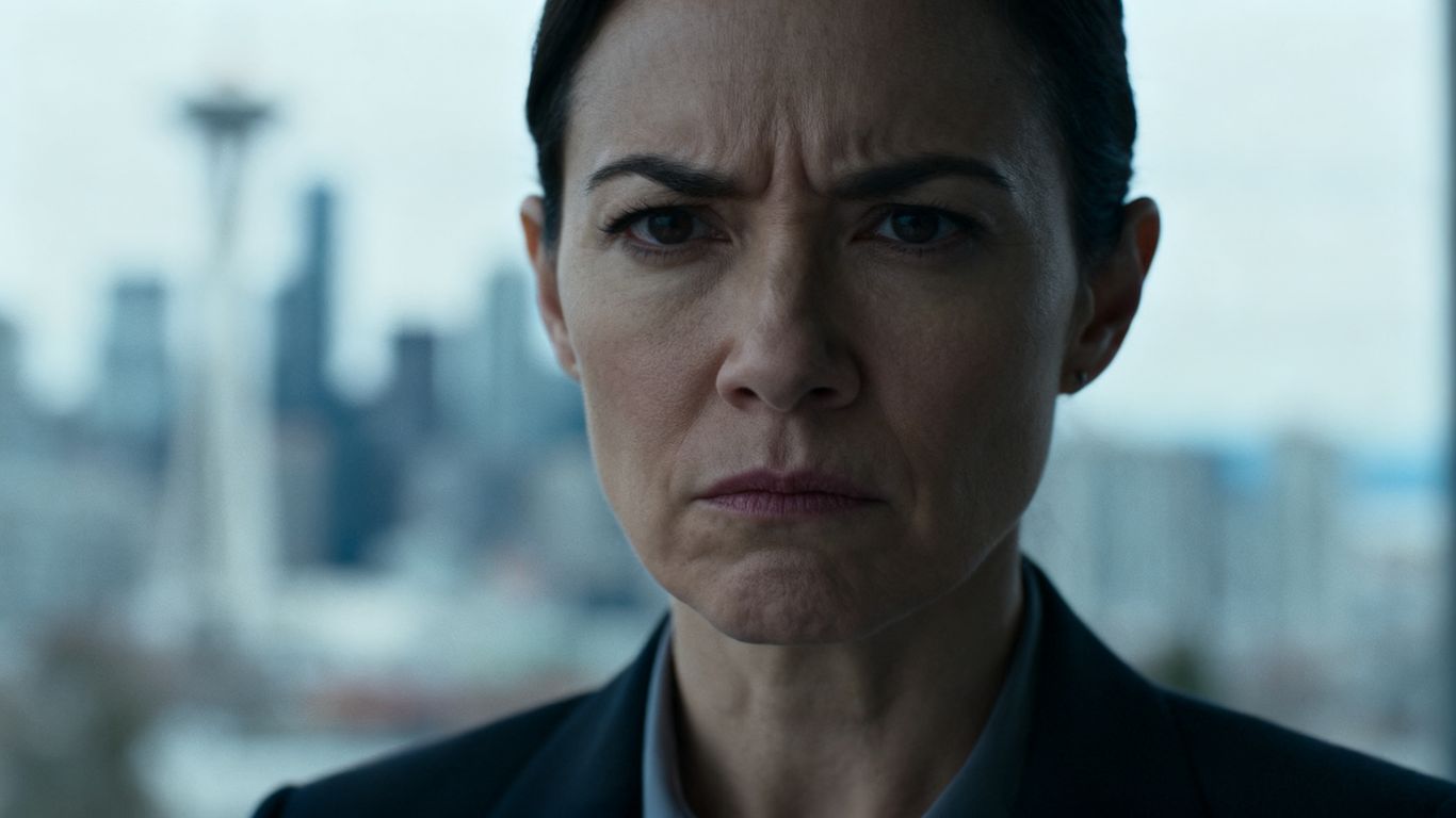 Vancouver realtor looking serious in front of city buildings.