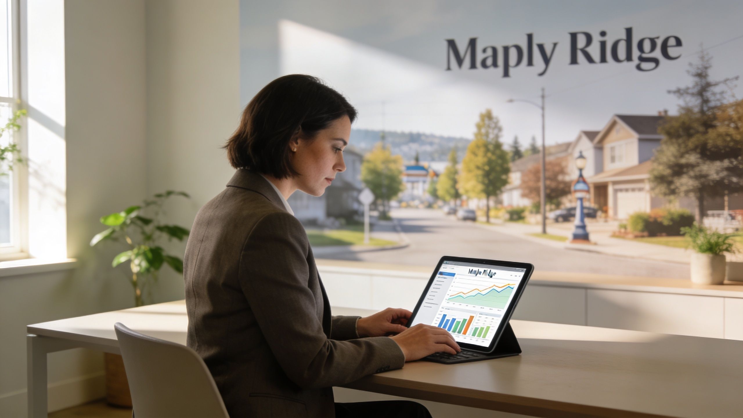 A professional realtor analyzing real estate market data on a tablet in a bright, modern office.
