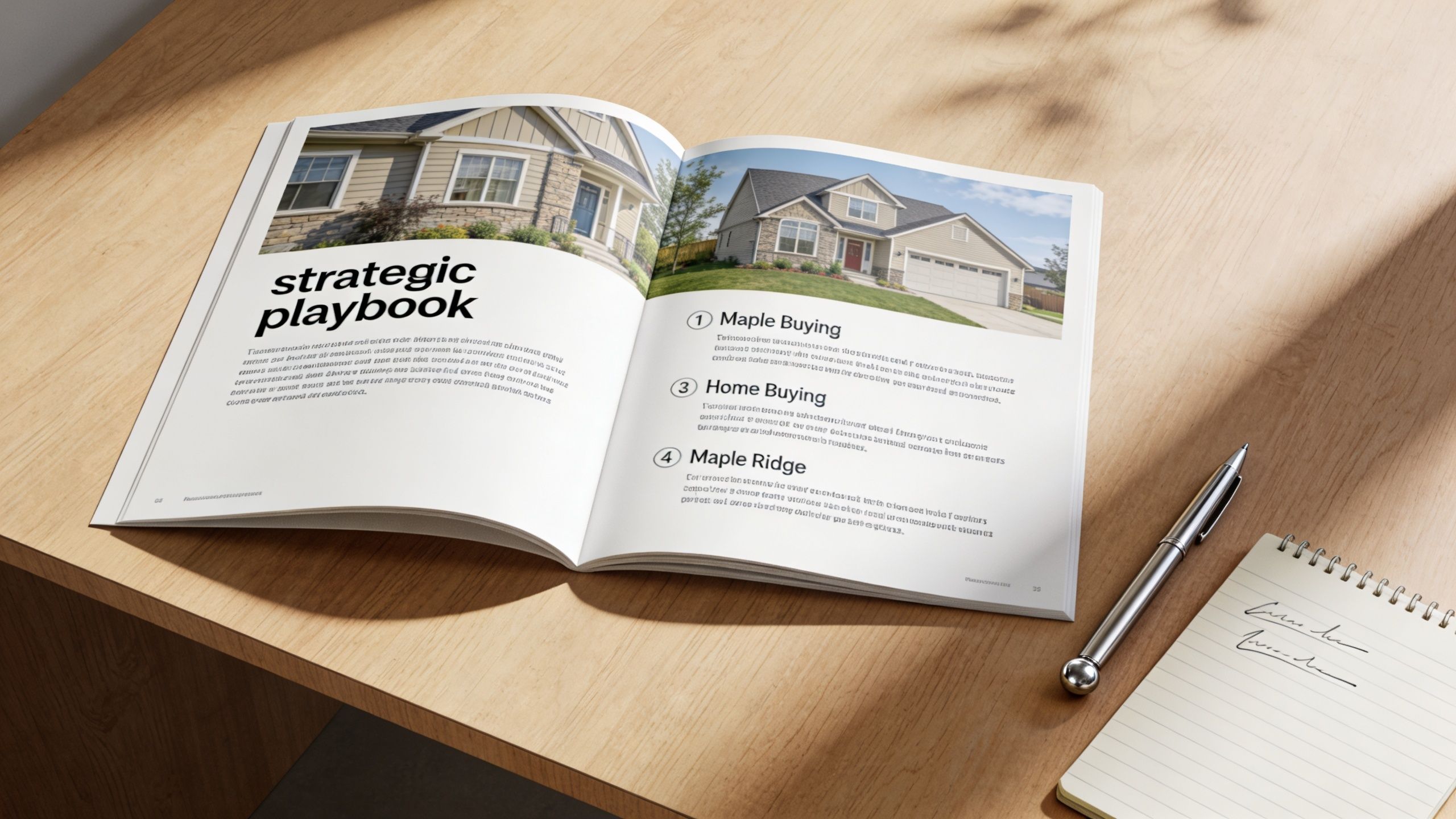 An open real estate brochure displayed on a wooden desk next to a notebook and pen.