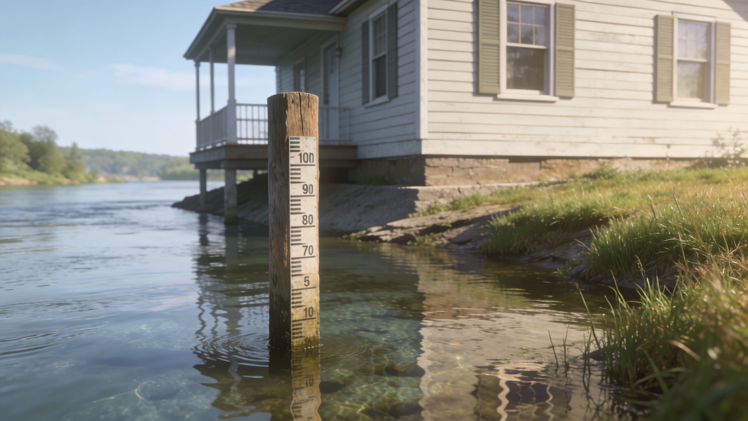A wooden water level gauge stands in a calm river near a residential house on the bank.
