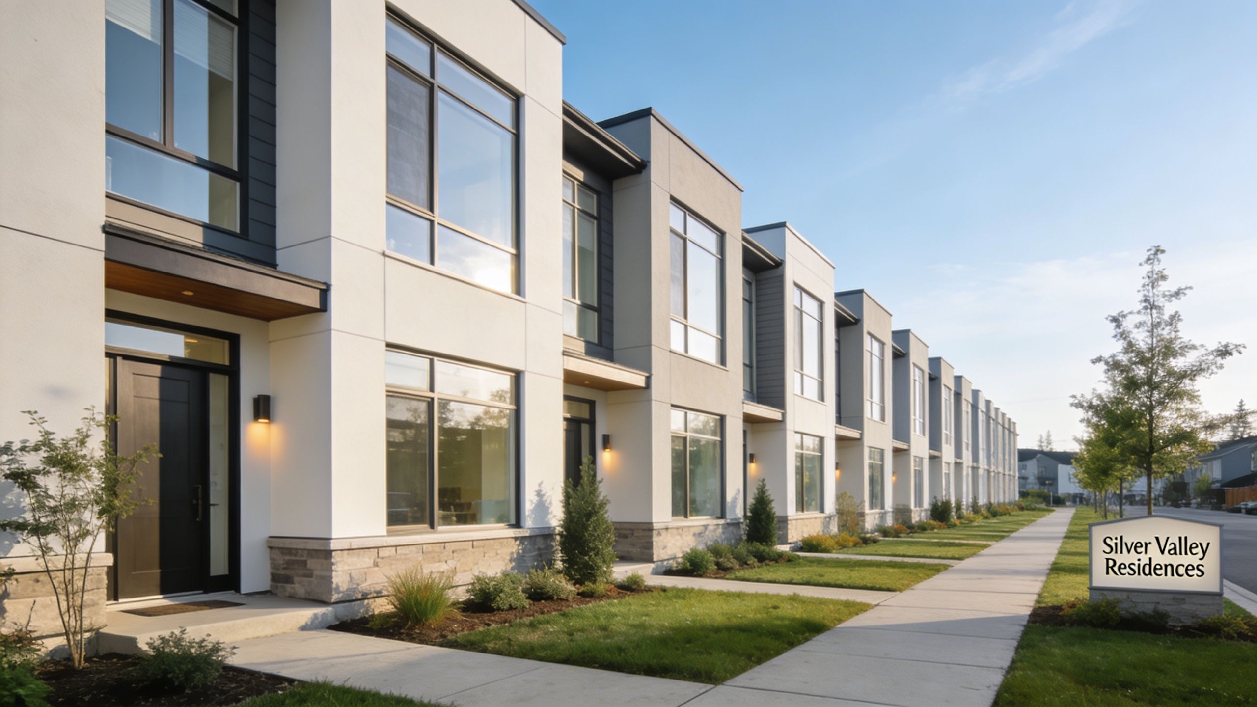 A row of modern townhomes at Silver Valley Residences with manicured lawns and a welcoming sign.