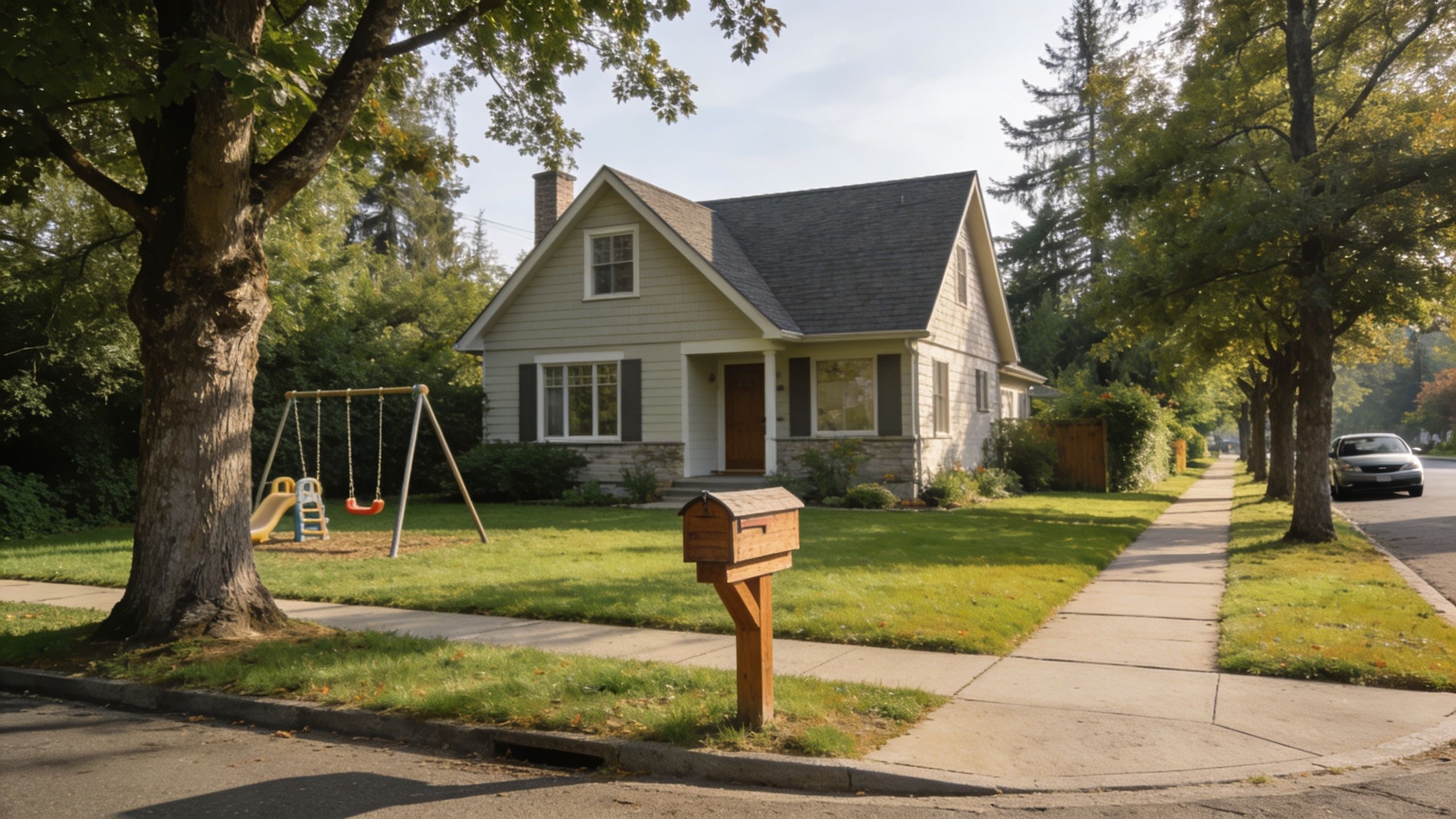 A cozy suburban house with a wooden mailbox and a playground set in the front yard.