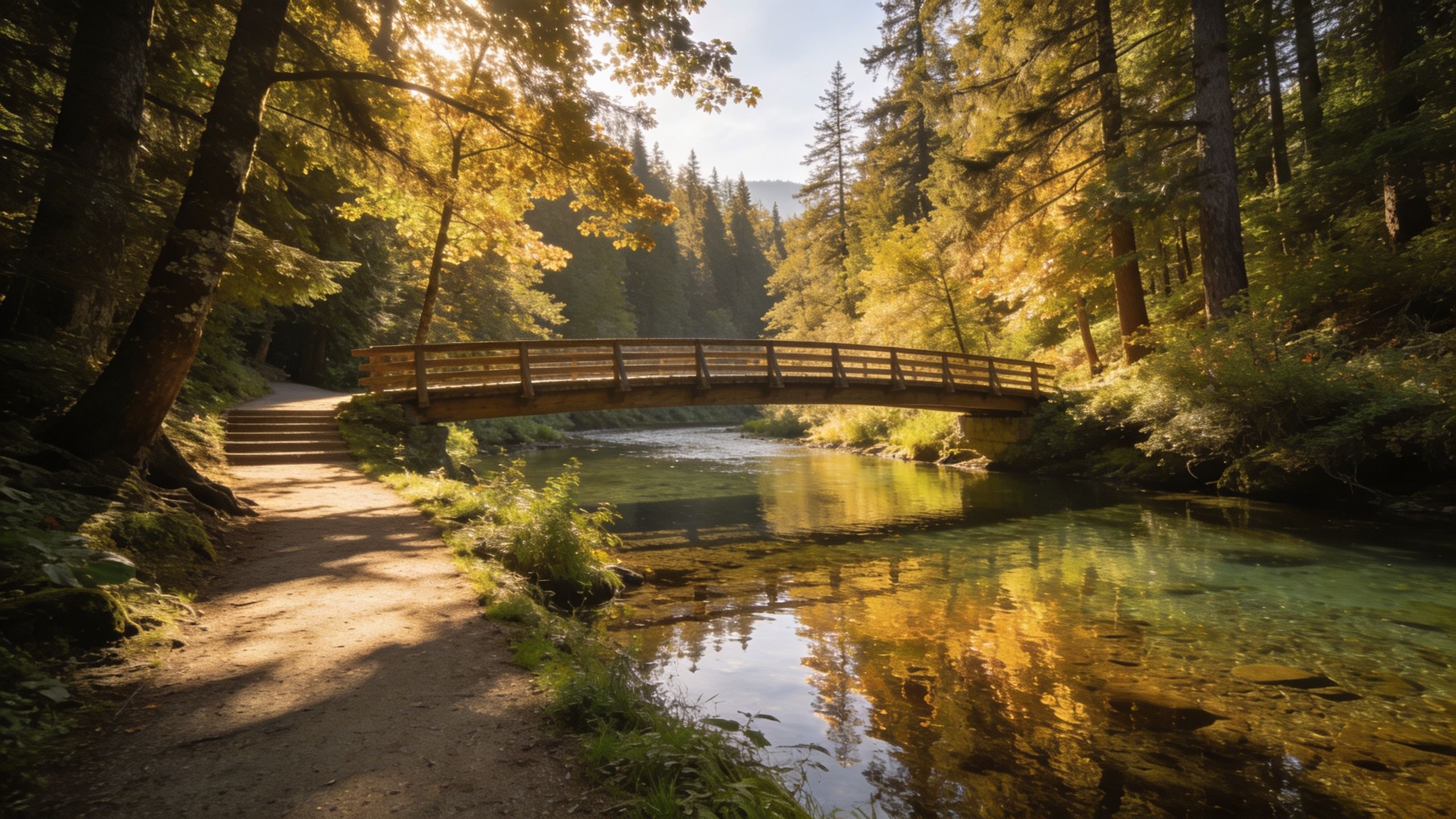 A serene wooden bridge crossing a clear river in a lush autumn forest with soft sunlight.
