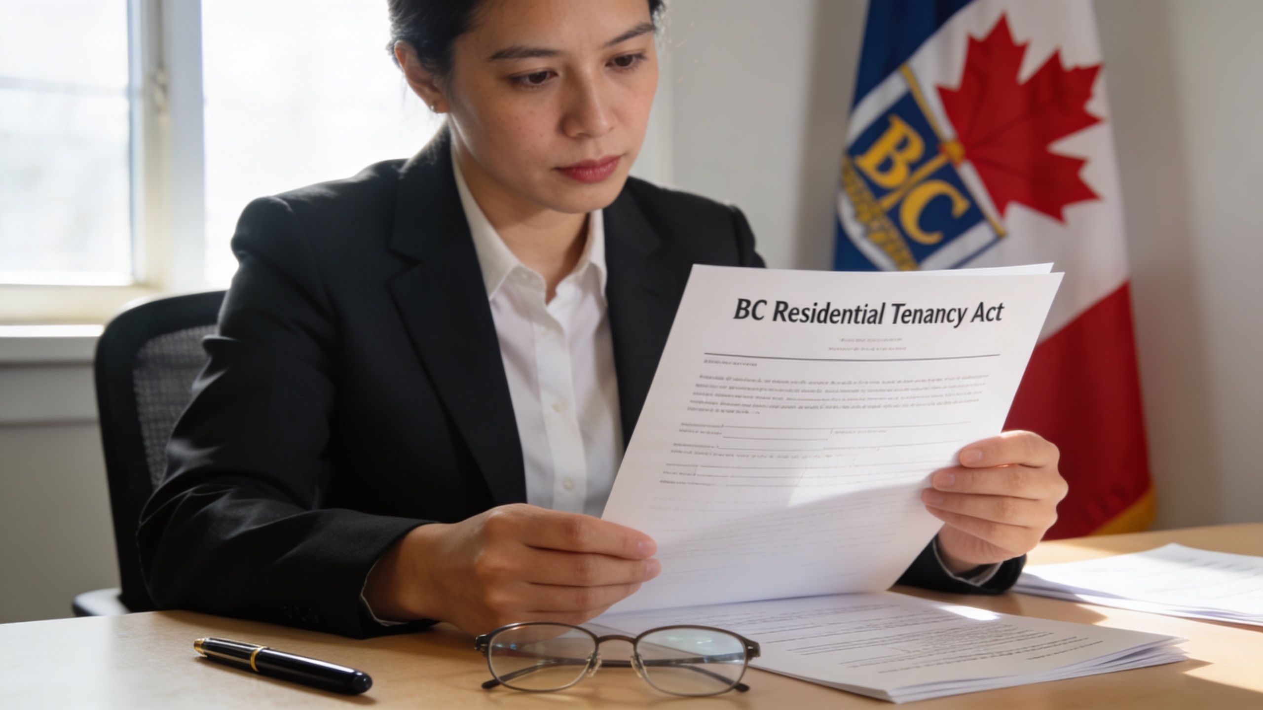 A professional woman in a suit reviews a BC Residential Tenancy Act document at an office desk.