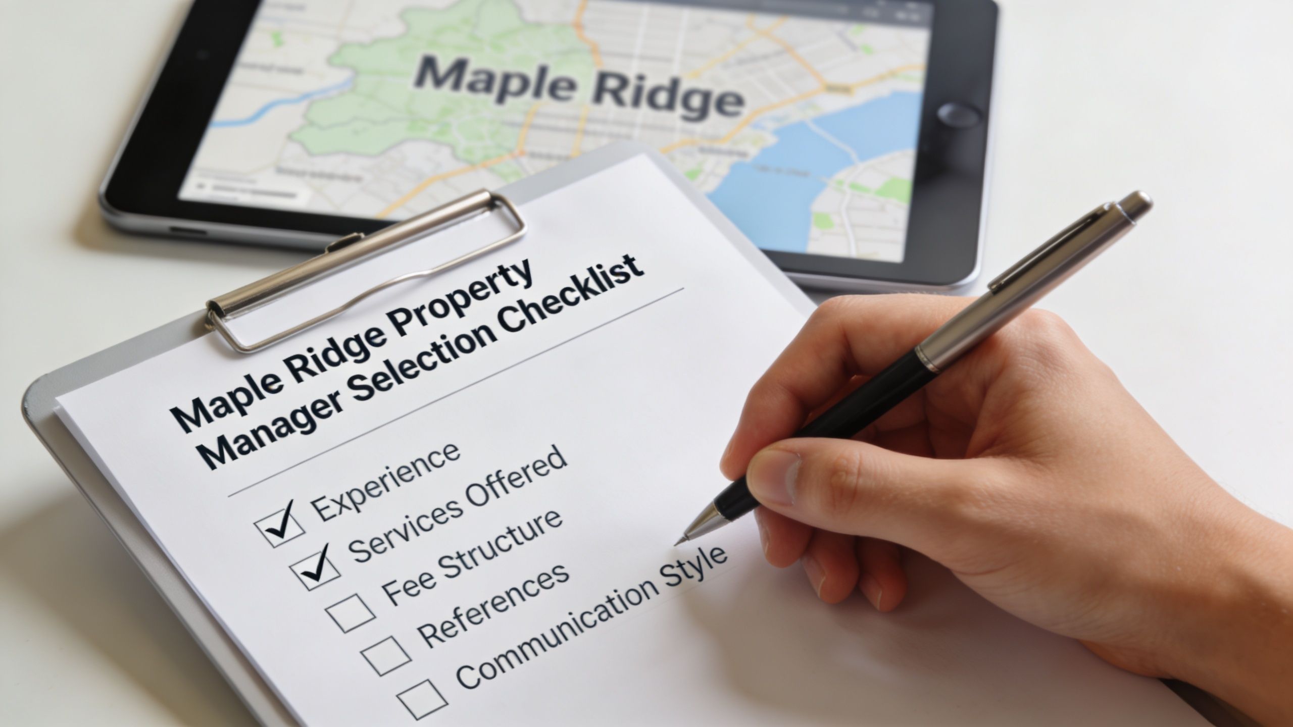 A person holding a pen over a Maple Ridge property manager selection checklist on a clipboard.