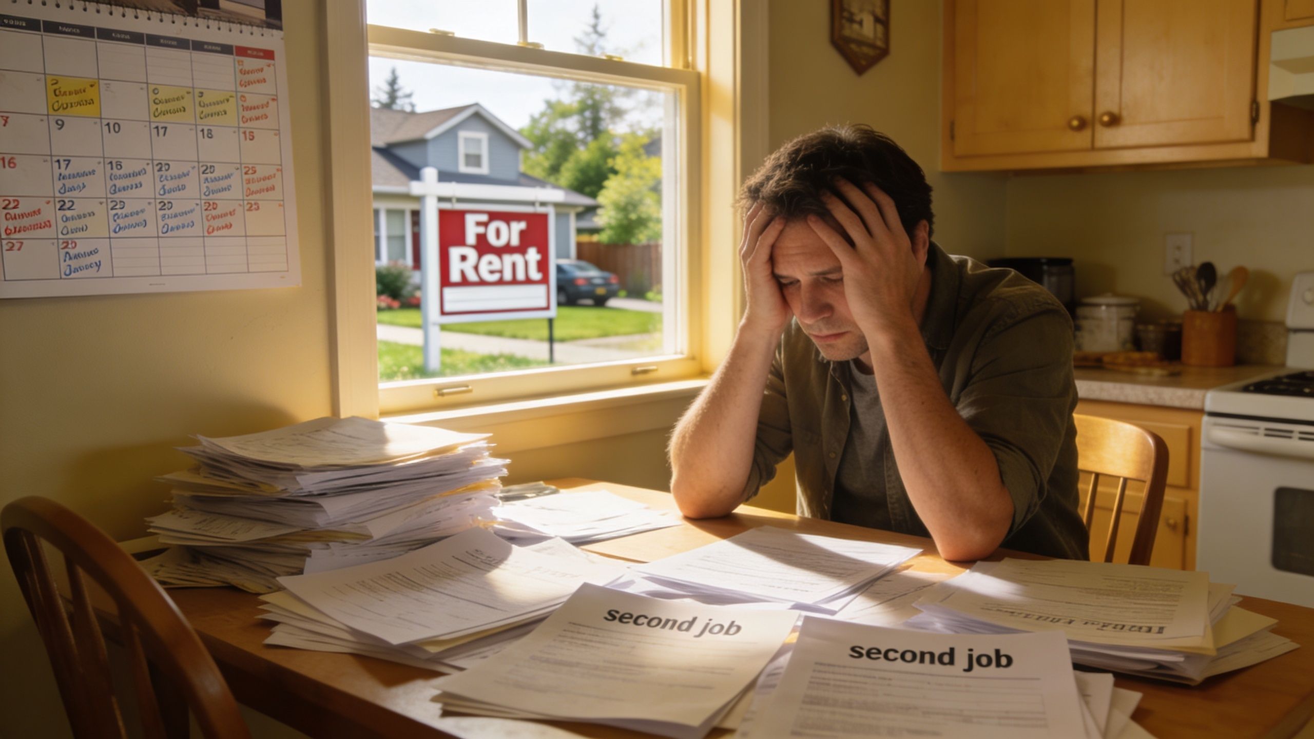 Stressed man sits at a kitchen table surrounded by paperwork, overwhelmed by rent and job concerns.