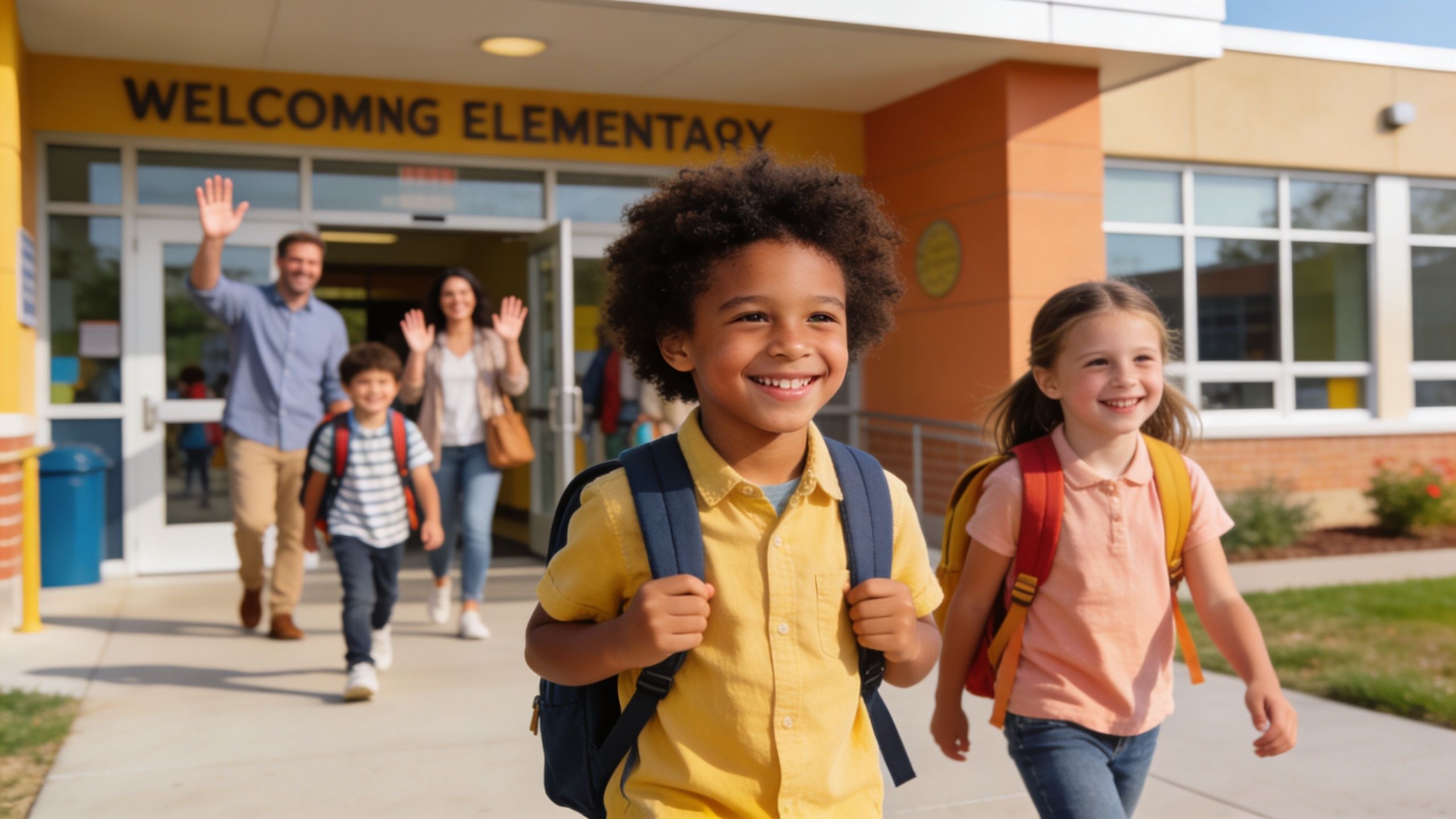 Diverse children with backpacks walking away from Welcomng Elementary school with happy parents waving goodbye behind them.