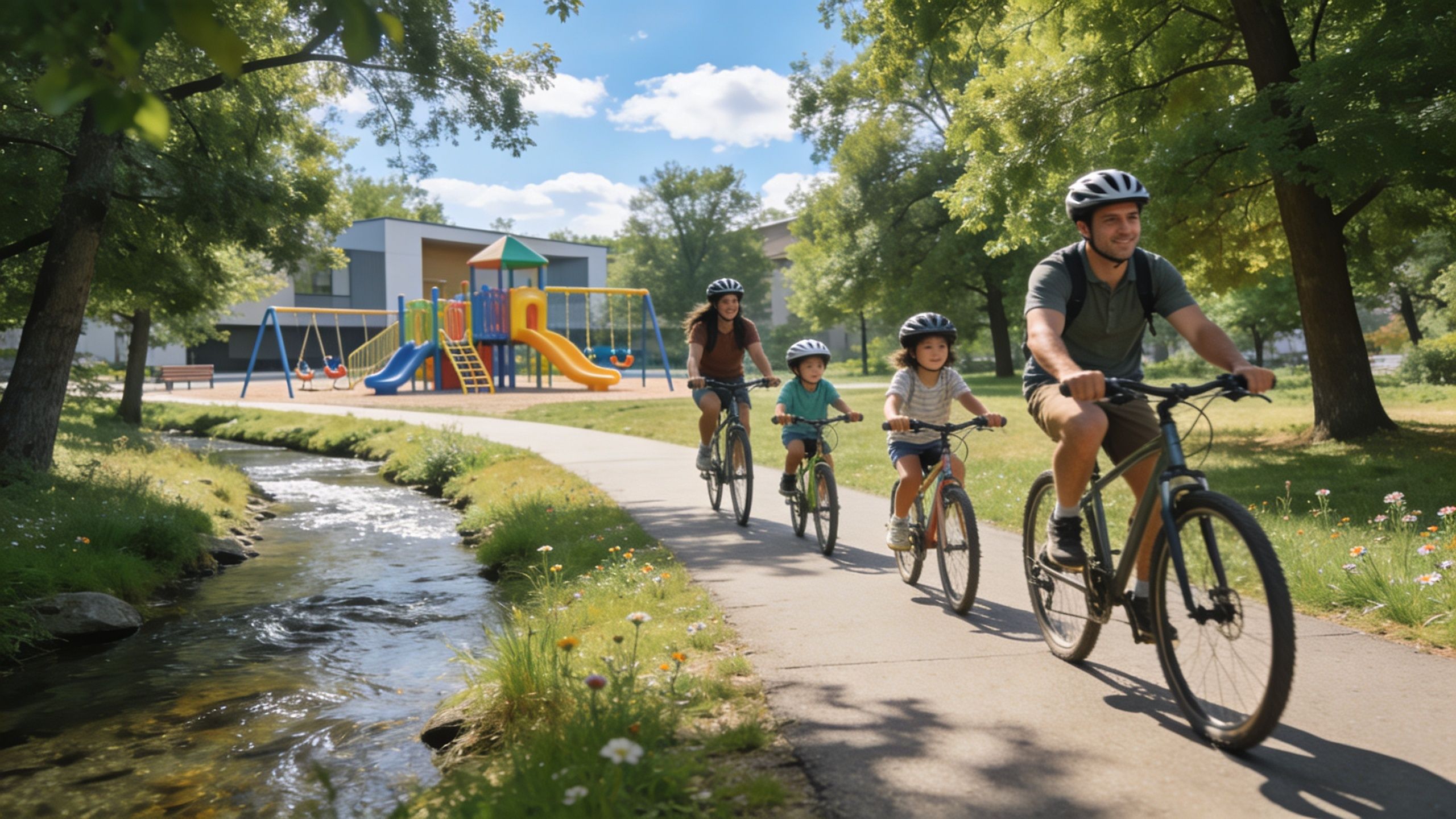 A happy family cycling together on a scenic park path near a playground and small stream.
