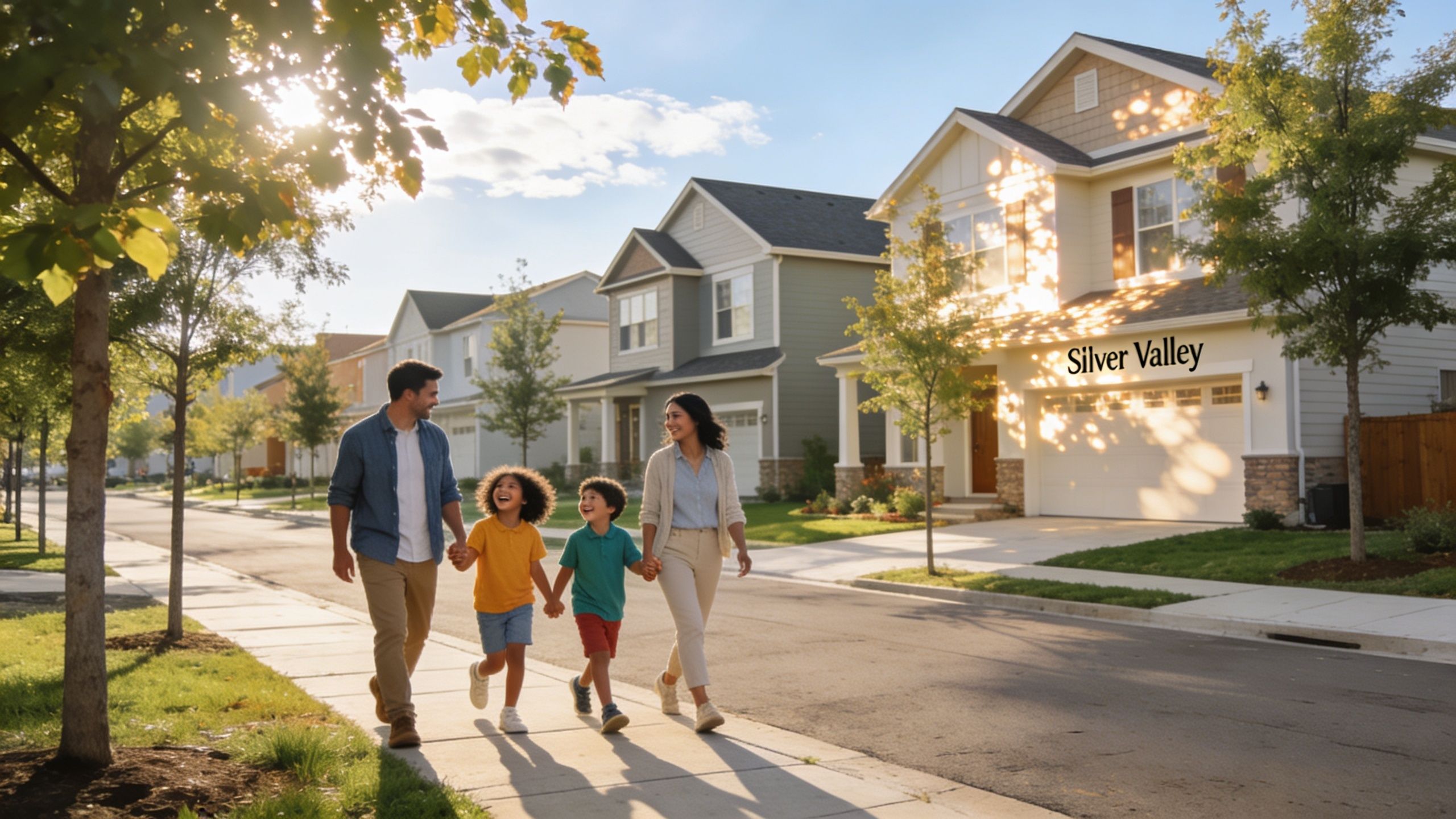 A happy family of four walks hand-in-hand along a sidewalk in the sunny Silver Valley neighborhood.