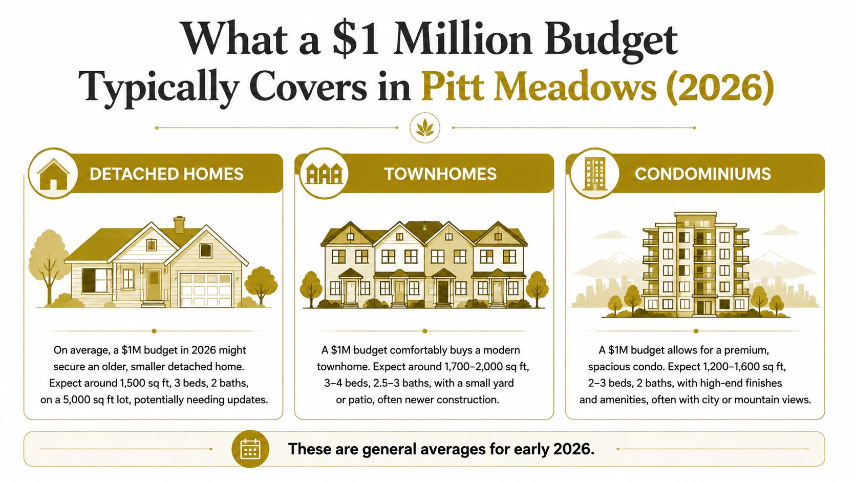 An infographic showing what a one million dollar budget can purchase in Pitt Meadows during early 2026.