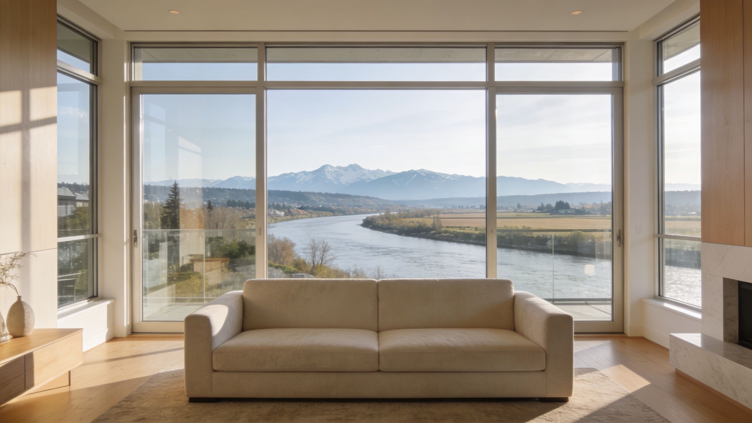 A modern beige sofa positioned in front of floor-to-ceiling windows overlooking a scenic river and mountains.