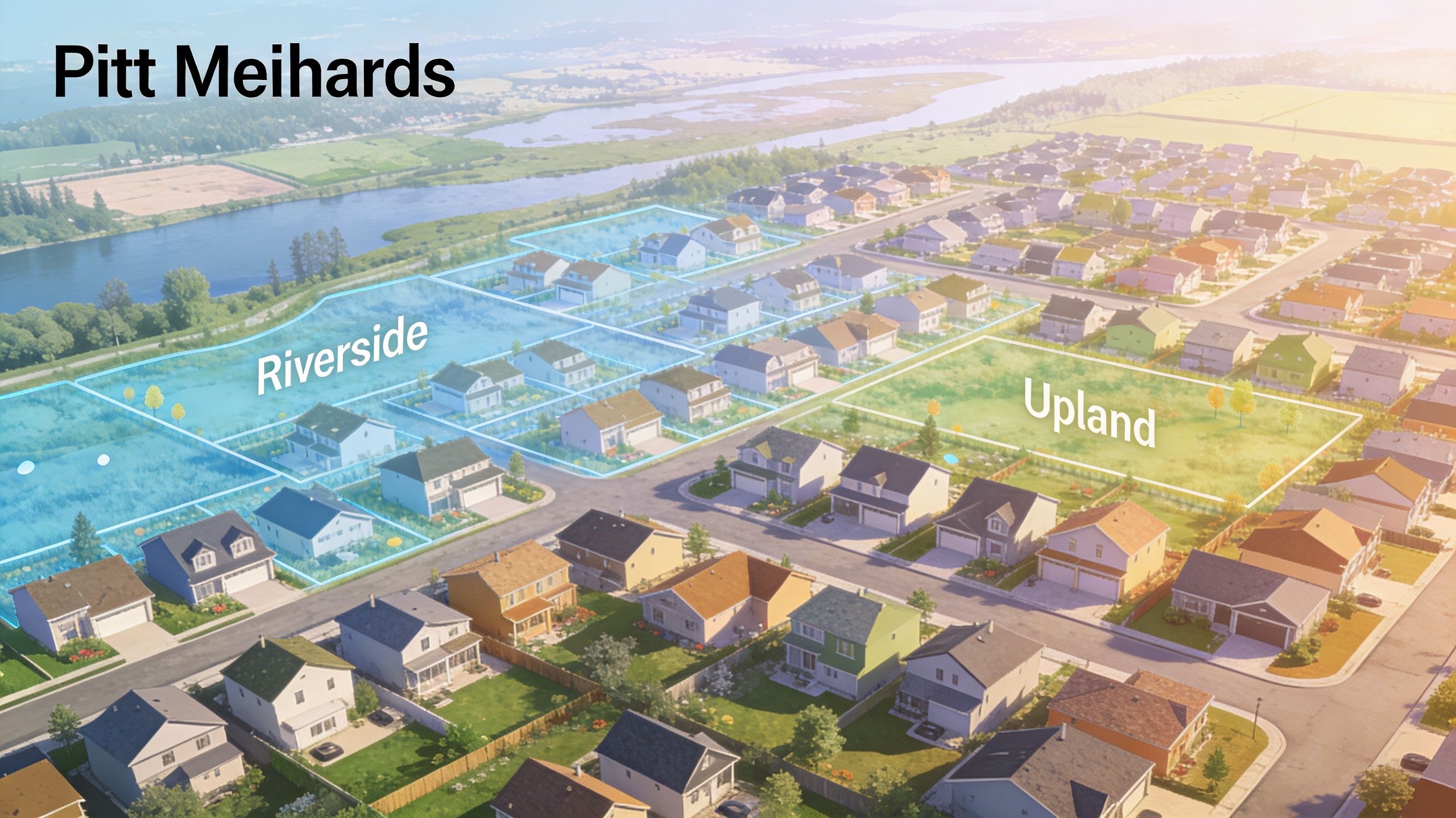 A digital render of a new residential housing development in Pitt Meadows near a riverside area.