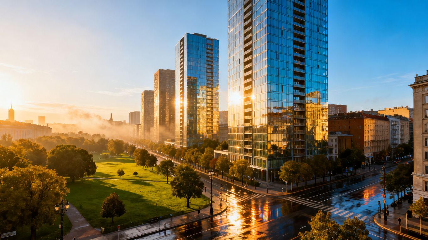 Vancouver cityscape with modern buildings and green spaces.