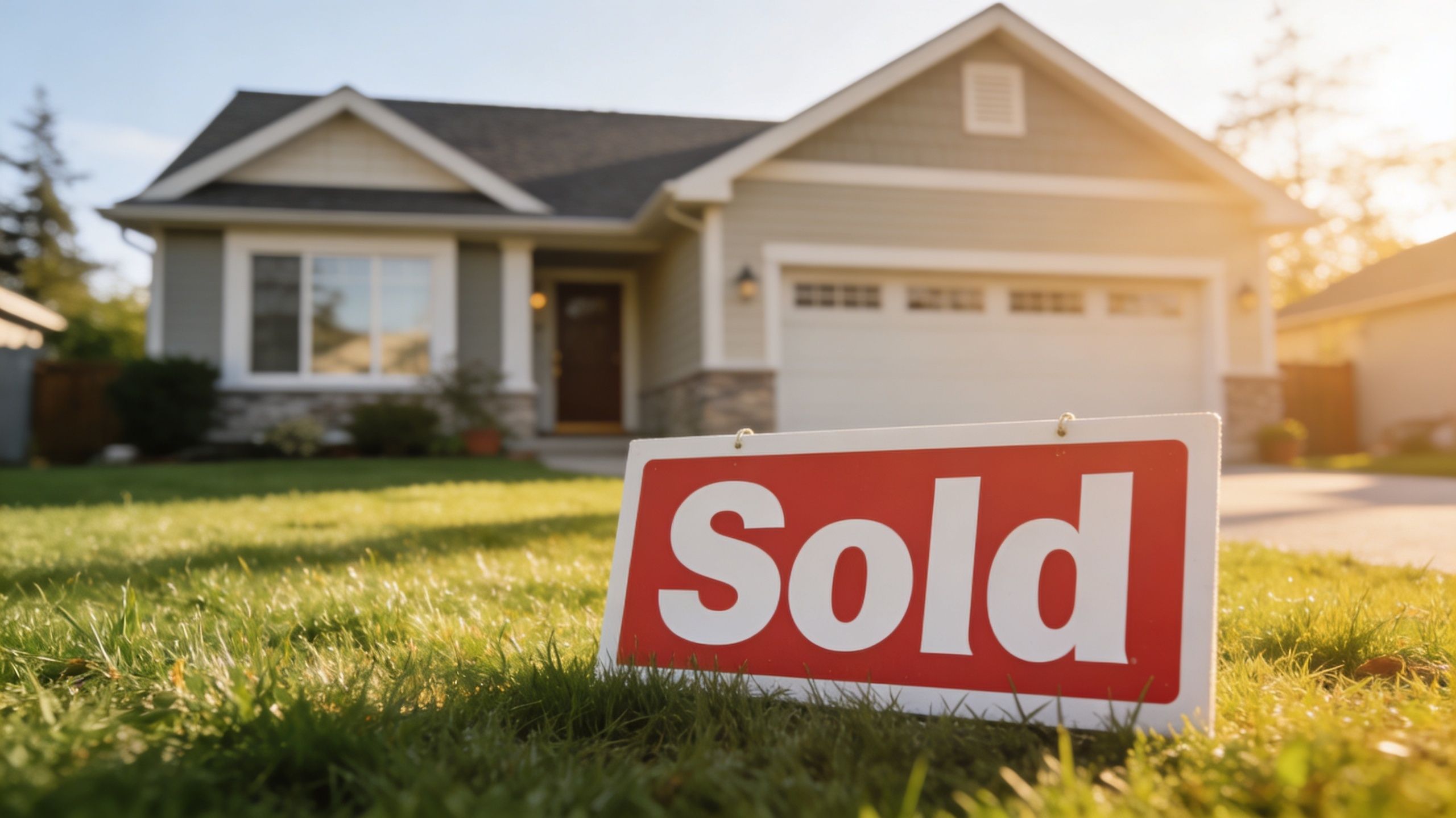 A red Sold sign placed on the green lawn in front of a suburban residential house.
