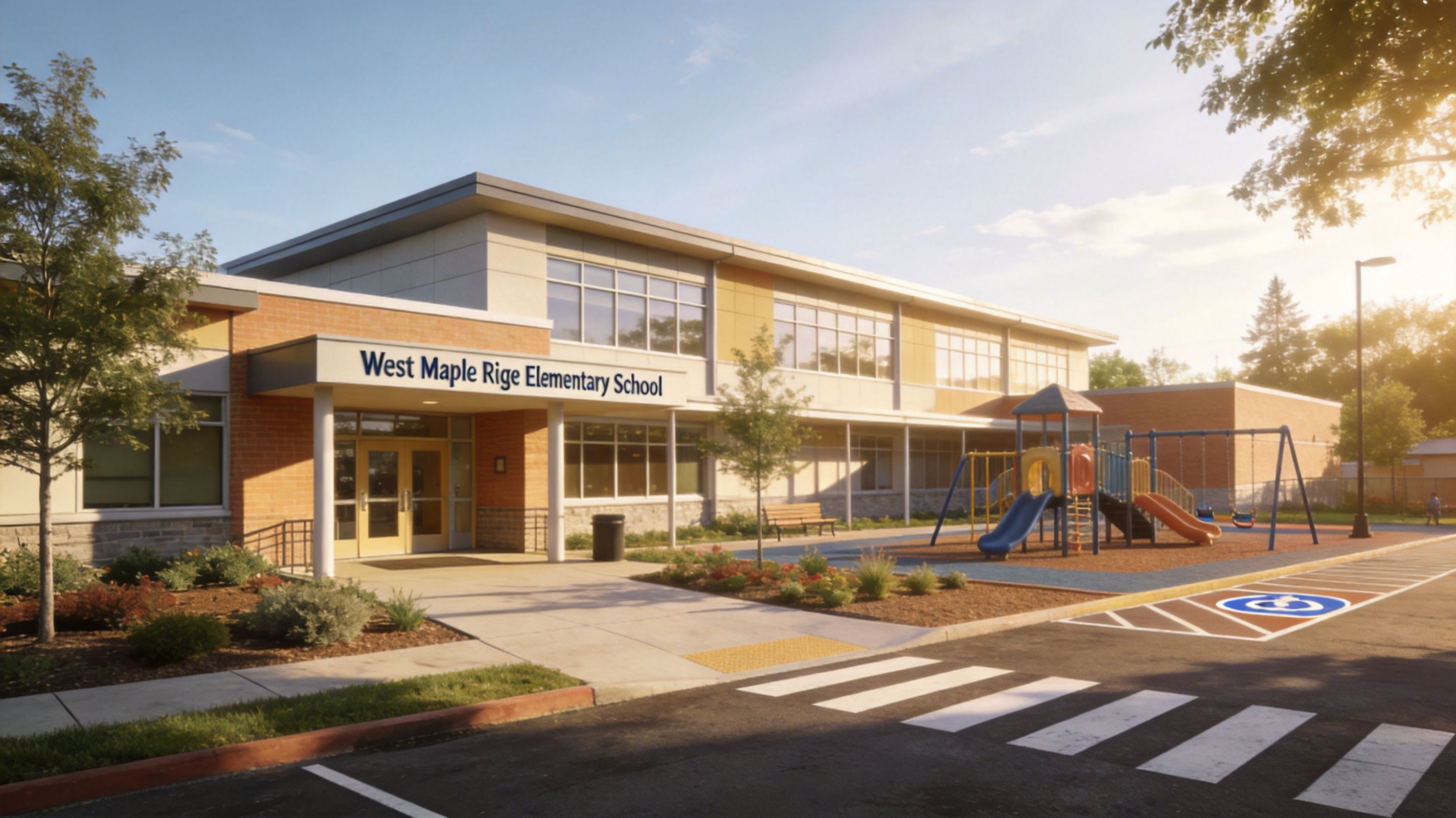 Exterior view of West Maple Ridge Elementary School featuring a modern building design and a colorful playground.