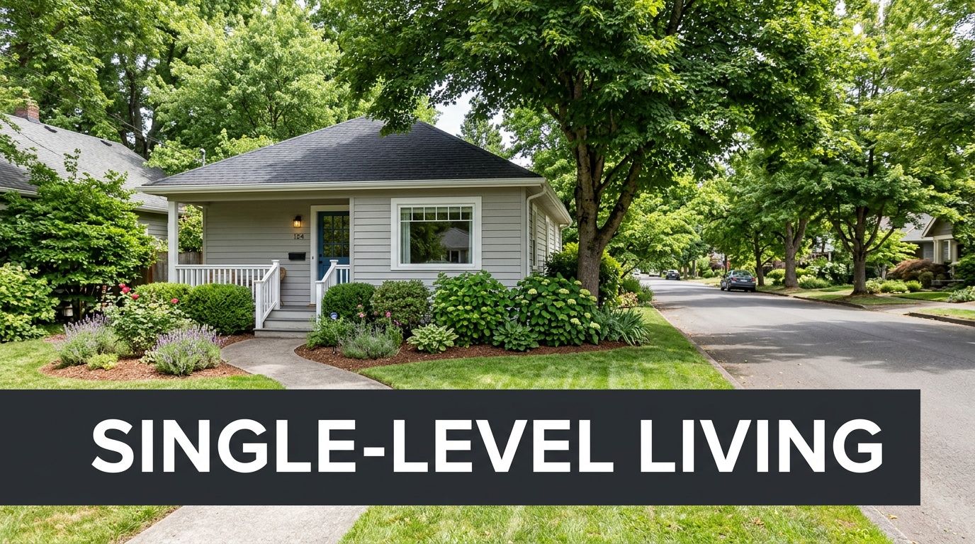 A cozy, single-level craftsman style cottage with gray siding and green landscaping along a quiet residential street.