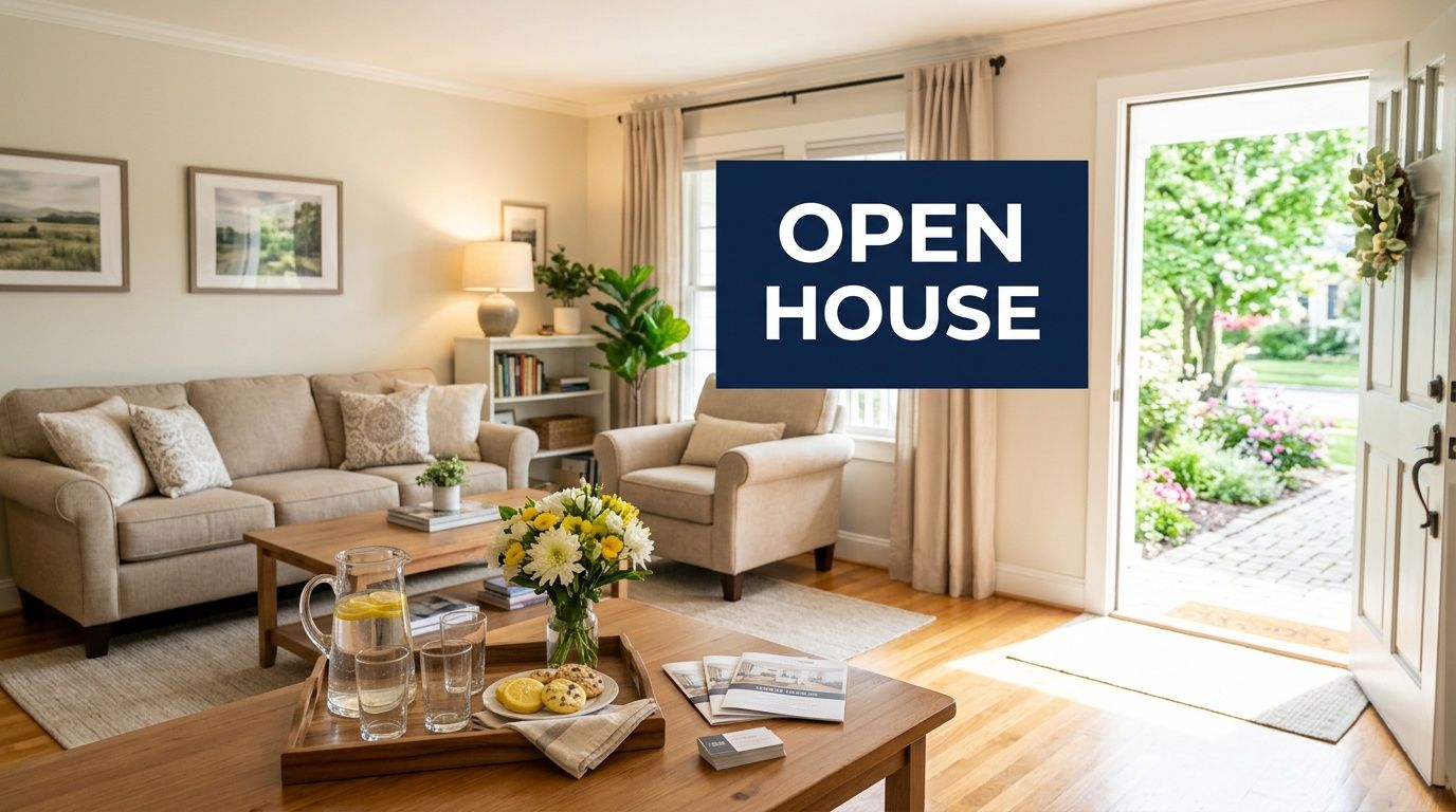 A welcoming living room featuring a couch, armchairs, and a tray with drinks, inviting visitors to an open house.