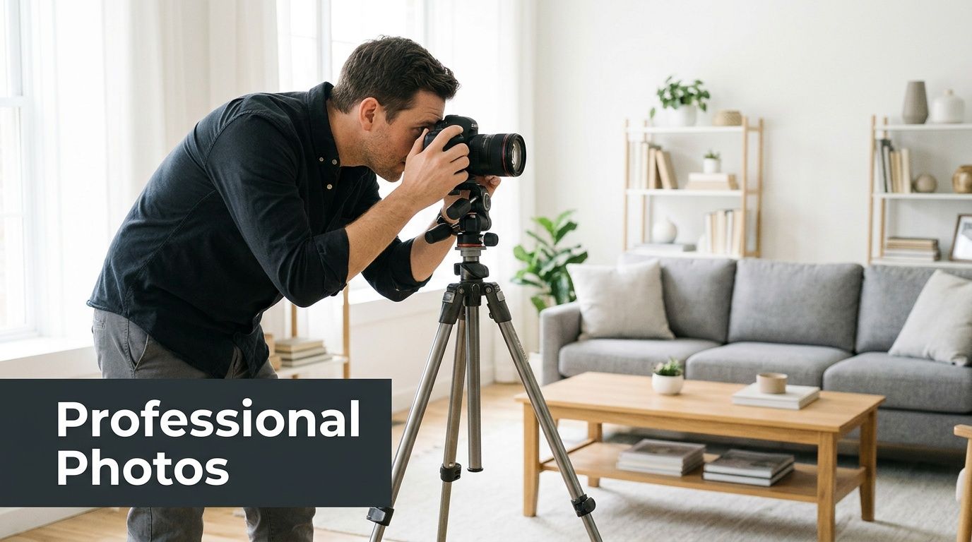 A professional photographer taking pictures of a bright living room interior for a real estate listing.