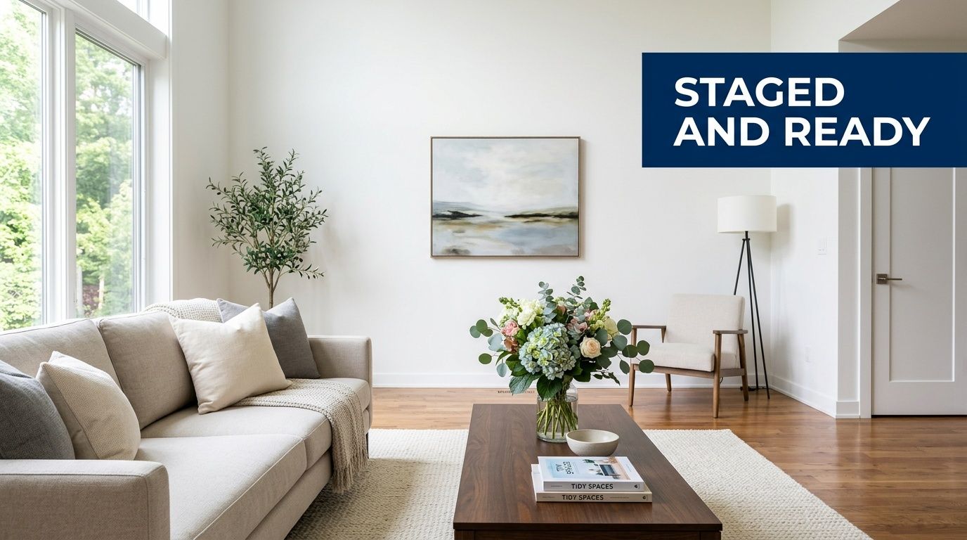 A bright and airy living room staged with neutral furniture and decor for a home sale.