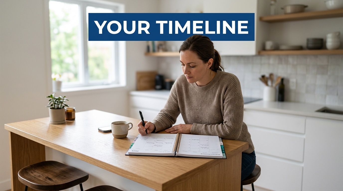A woman sitting at a modern kitchen island writing in her planner to organize her schedule.