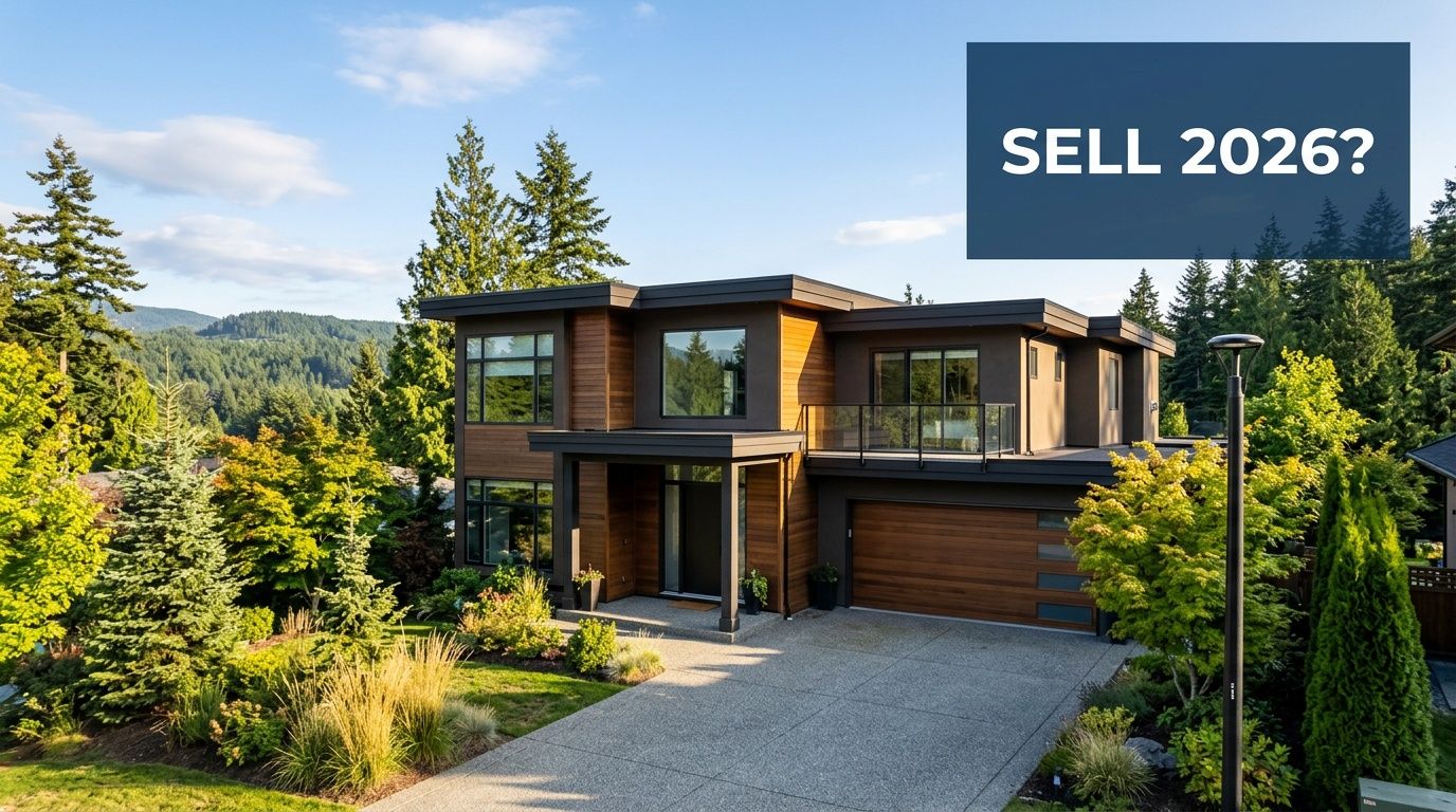 A modern two-story luxury home surrounded by lush trees and greenery under a clear blue sky.