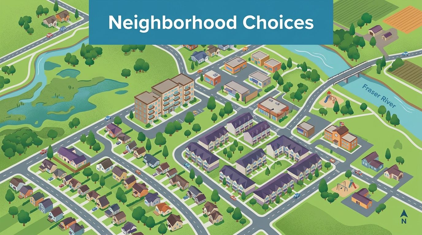 An illustrated top-down map showing residential neighborhoods and commercial areas in the city of Pitt Meadows.
