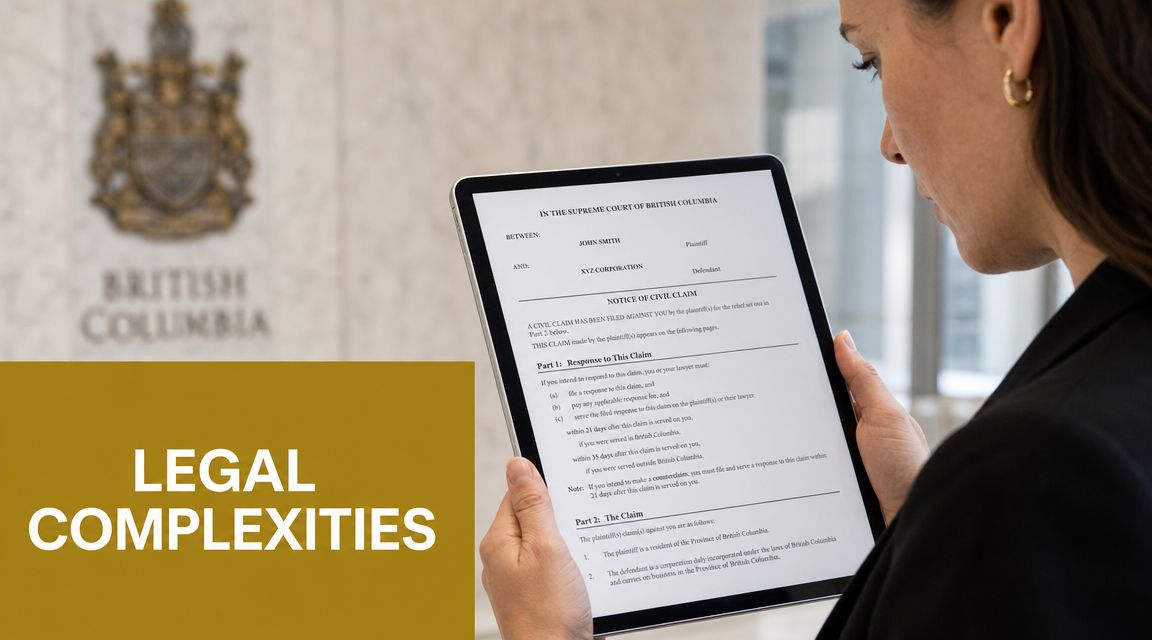 A professional woman reading a legal notice of civil claim document on a digital tablet in an office.