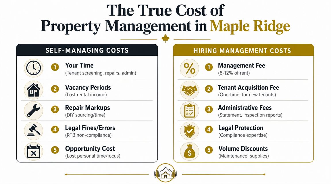 A comparison chart outlining the financial and personal costs of self-managing versus hiring property management in Maple Ridge.
