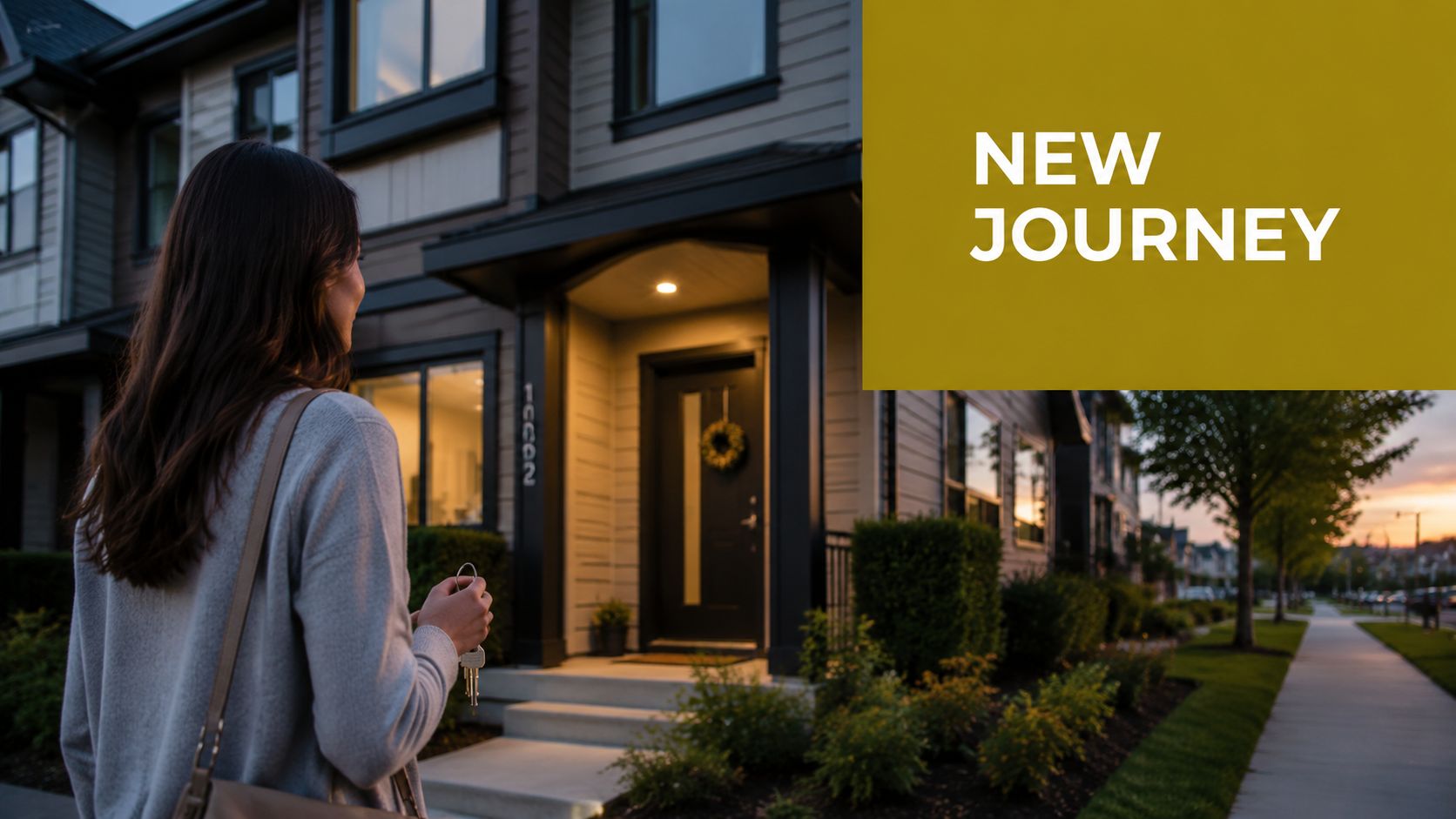 A young woman holding house keys, standing in front of a modern residential home at twilight.