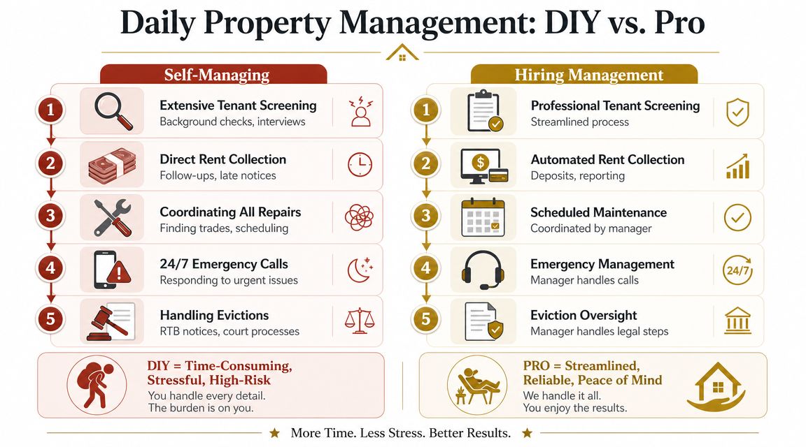 A comparison chart showing the differences between self-managing a rental property and hiring a professional manager.