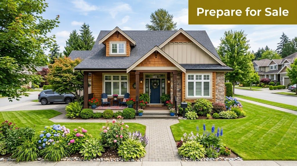 A charming single-family home in the Fraser Valley with a landscaped garden and paved walkway path.